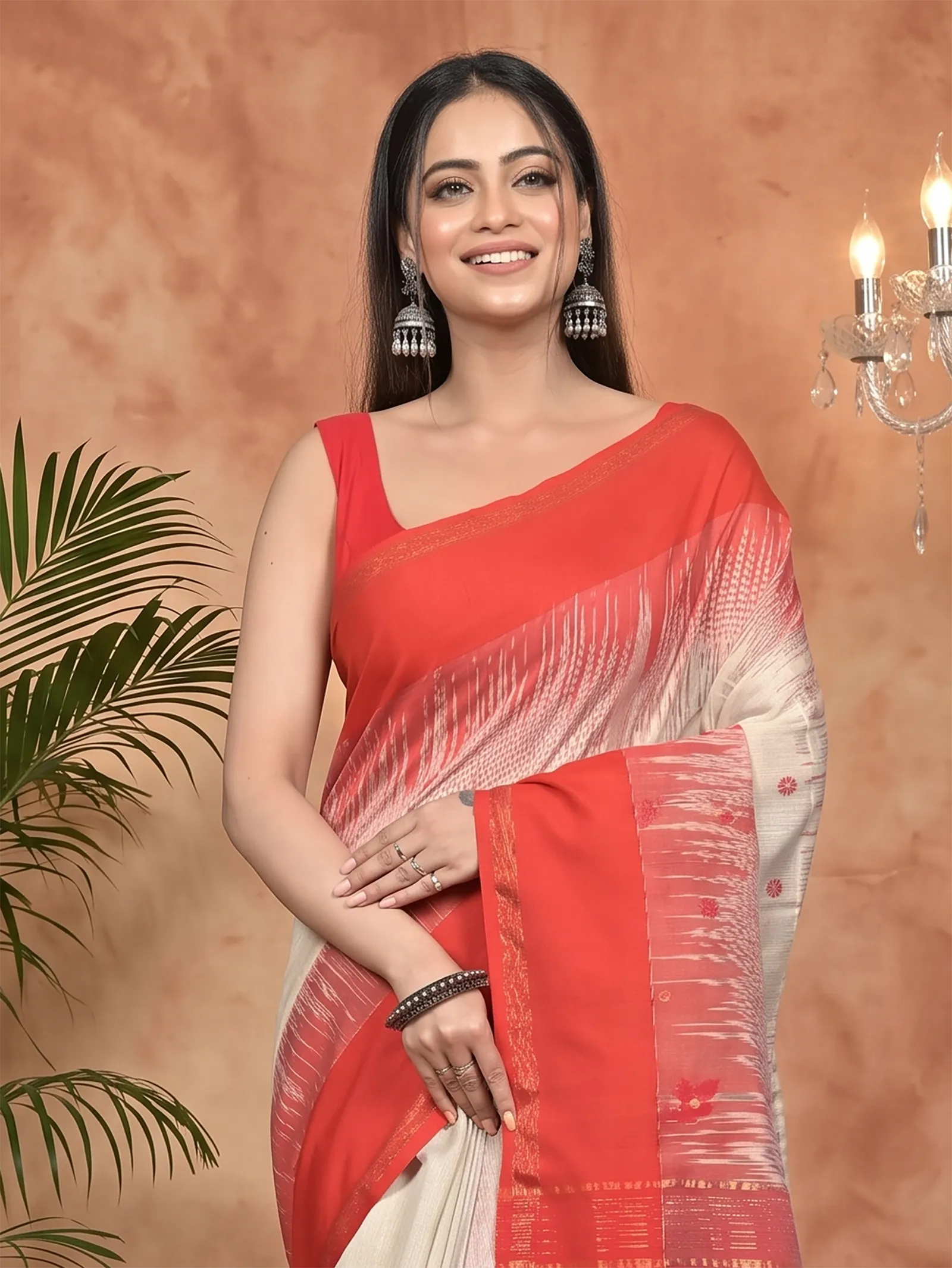 DipDiya Cotton Blend Red Cream Parlkim Loom to Love Ikkat Jharna Sarees