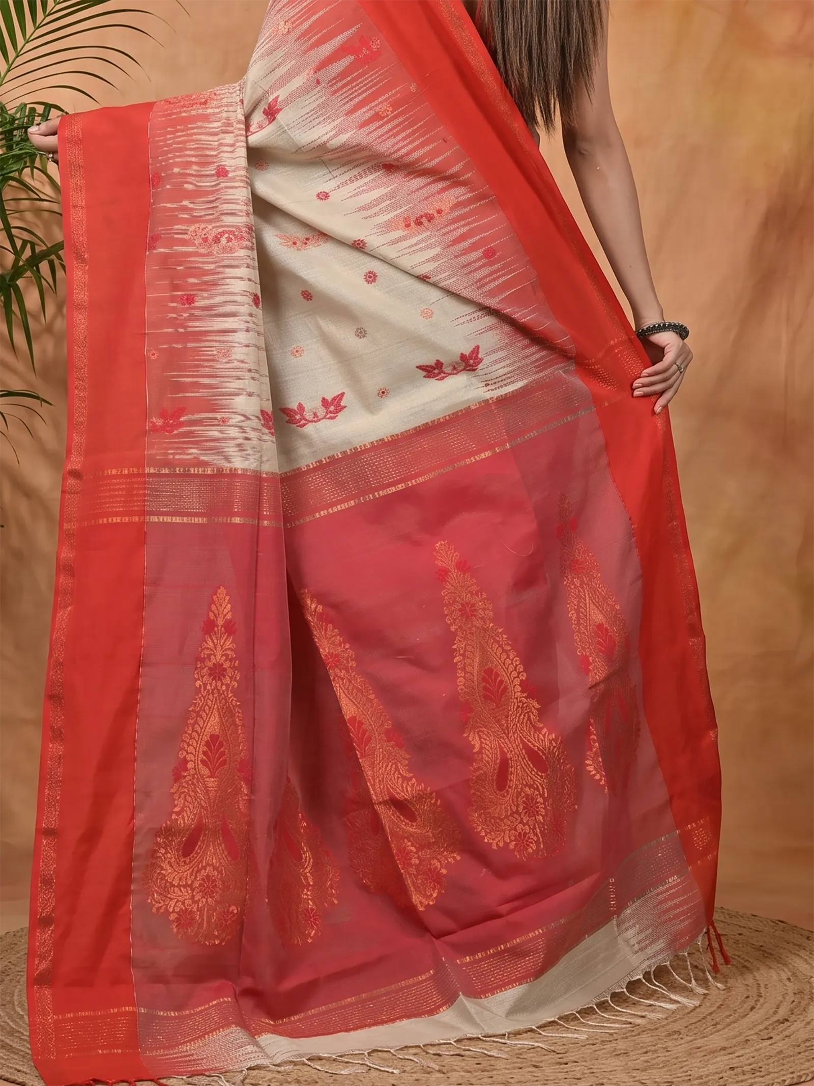 DipDiya Cotton Blend Red Cream Parlkim Loom to Love Ikkat Jharna Sarees