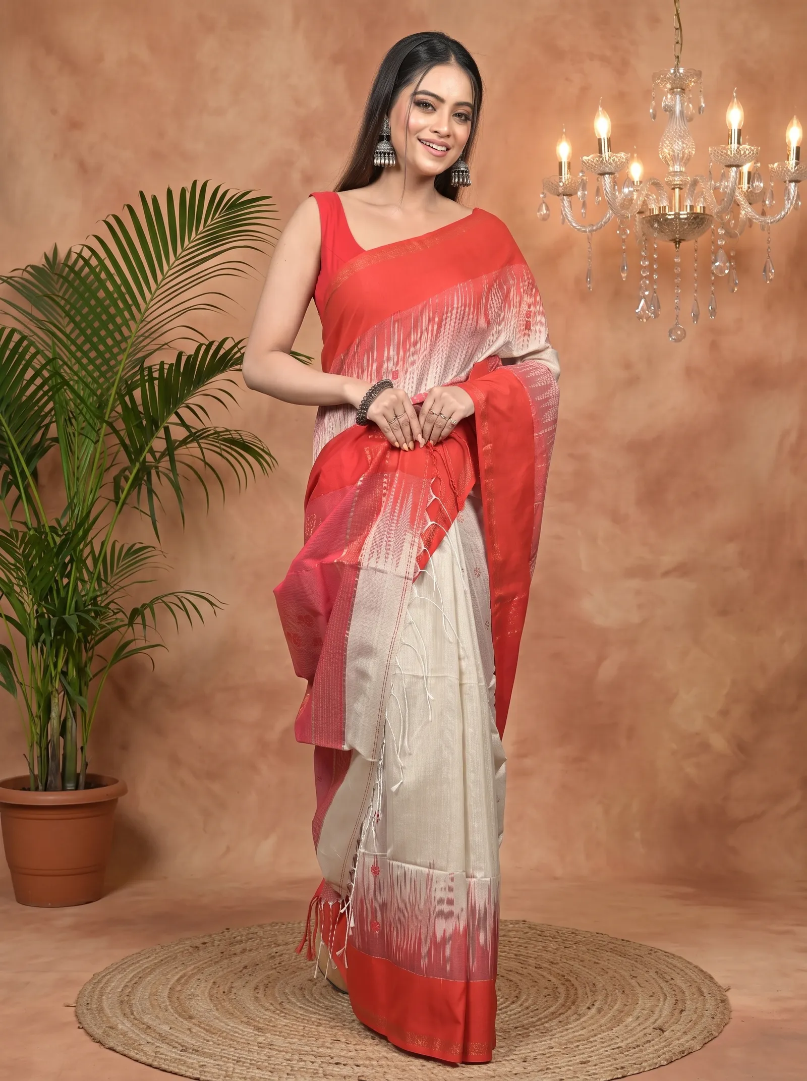 DipDiya Cotton Blend Red Cream Parlkim Loom to Love Ikkat Jharna Sarees