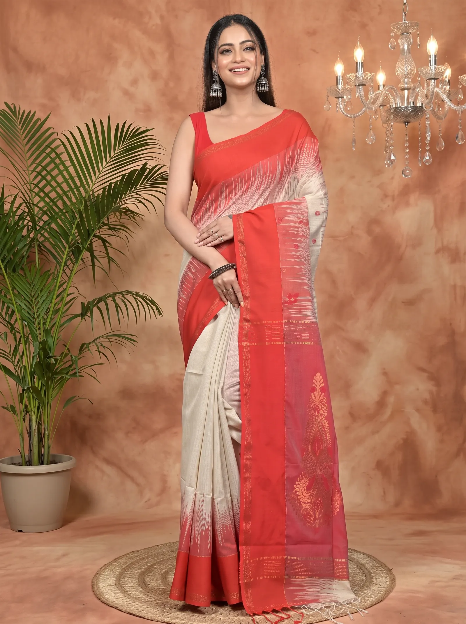 DipDiya Cotton Blend Red Cream Parlkim Loom to Love Ikkat Jharna Sarees