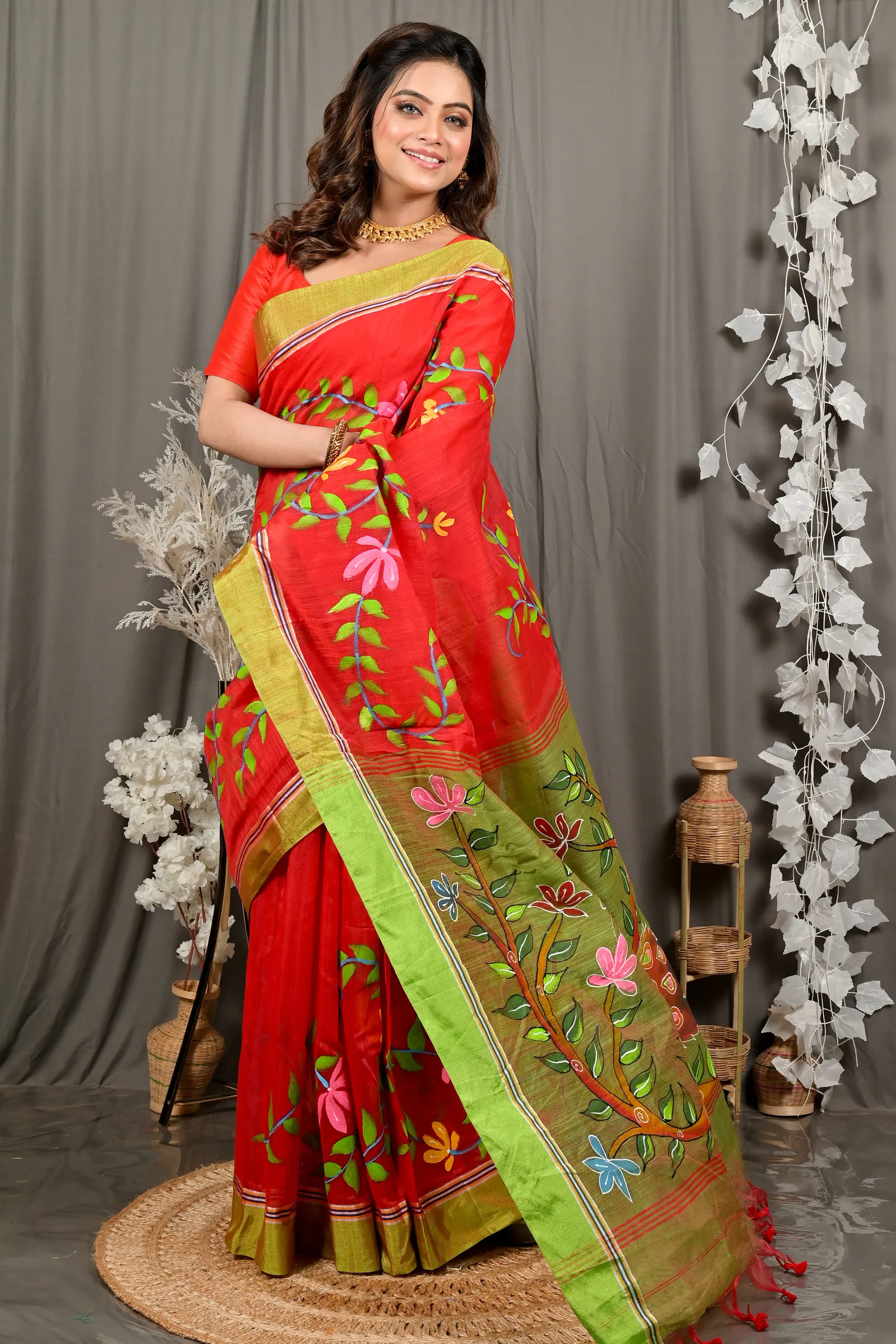DipDiya Cotton Blend Red Green Deepsi Handcrafted Elegance Hand Painted Sarees