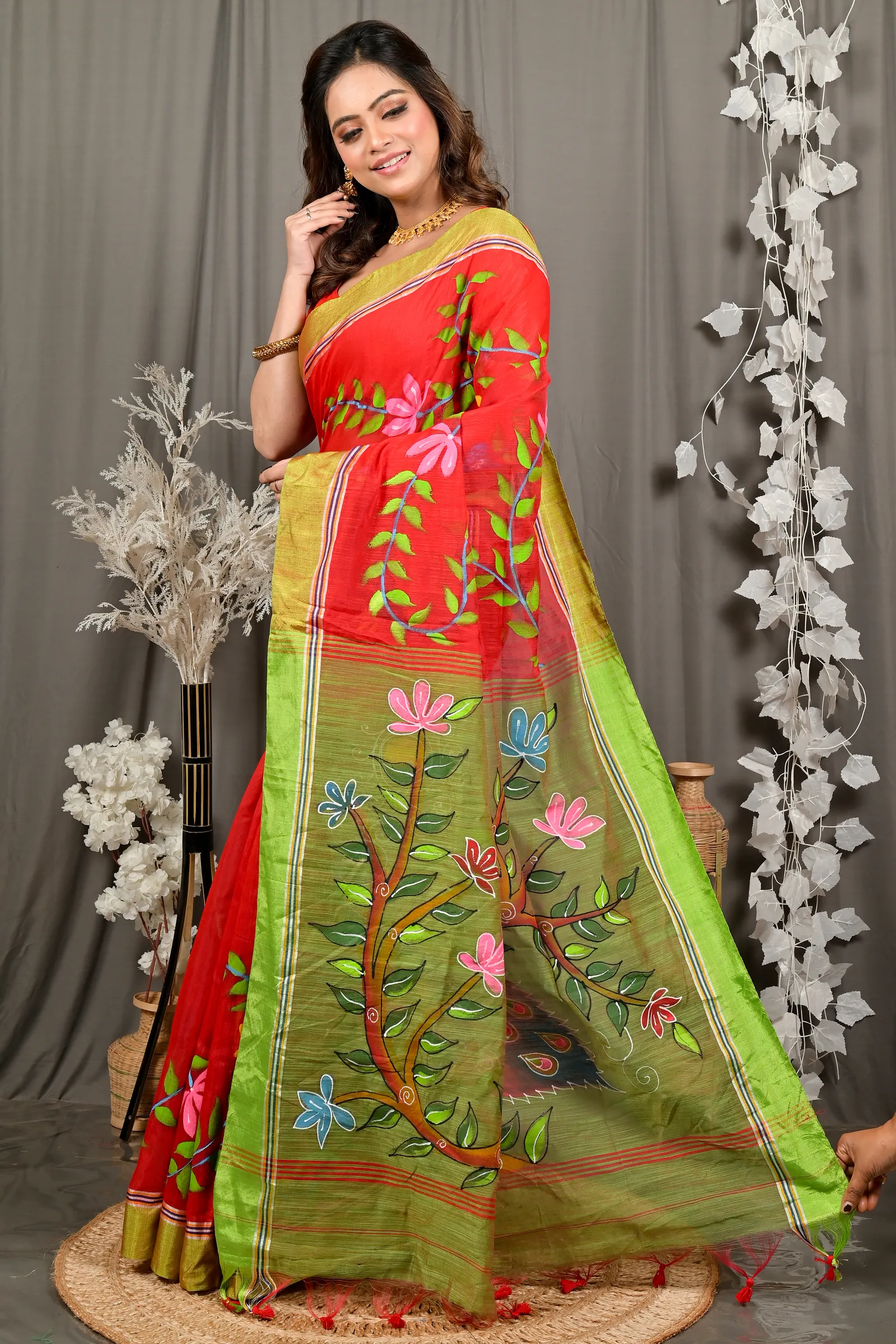 DipDiya Cotton Blend Red Green Deepsi Handcrafted Elegance Hand Painted Sarees