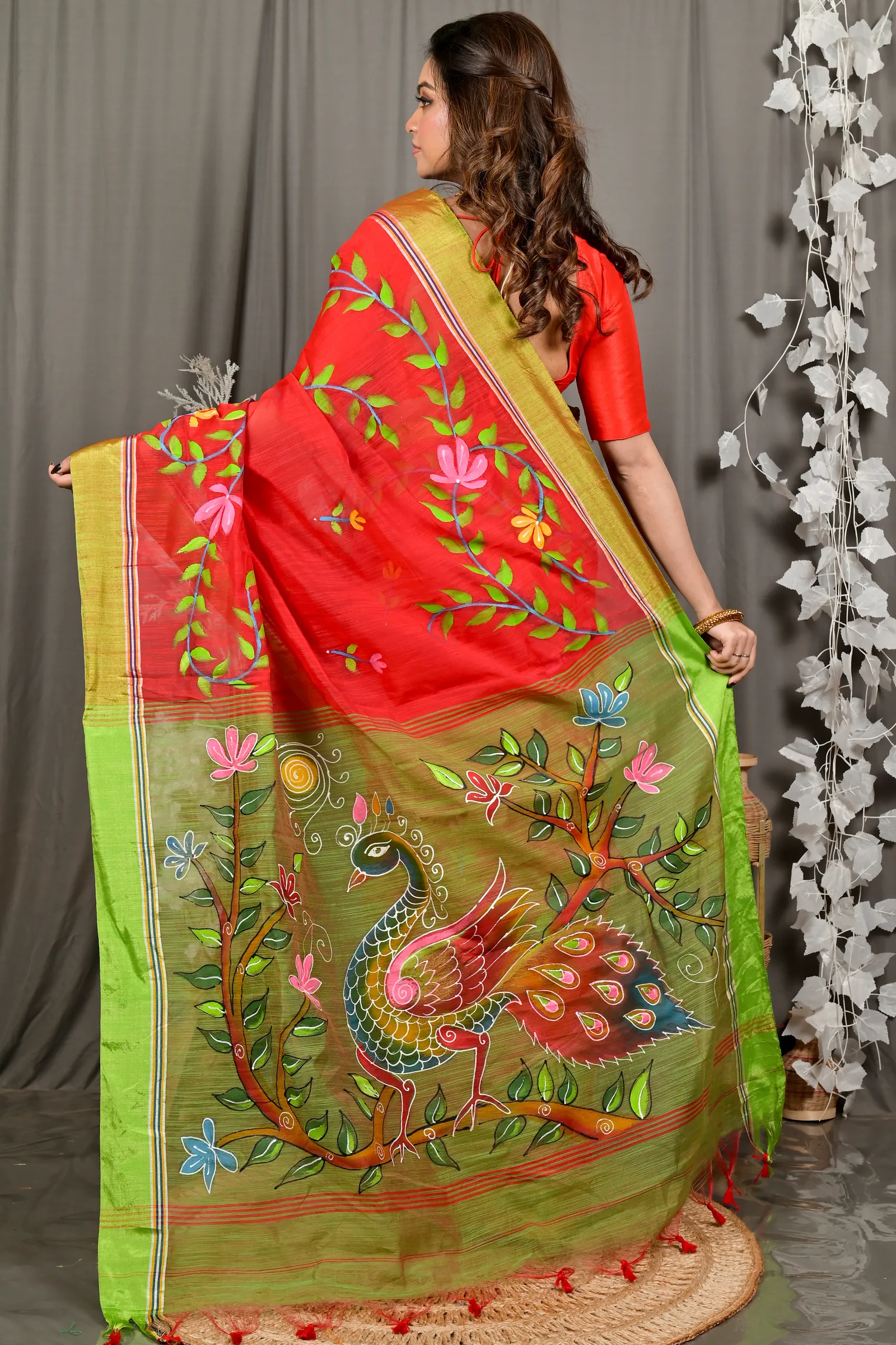 DipDiya Cotton Blend Red Green Deepsi Handcrafted Elegance Hand Painted Sarees