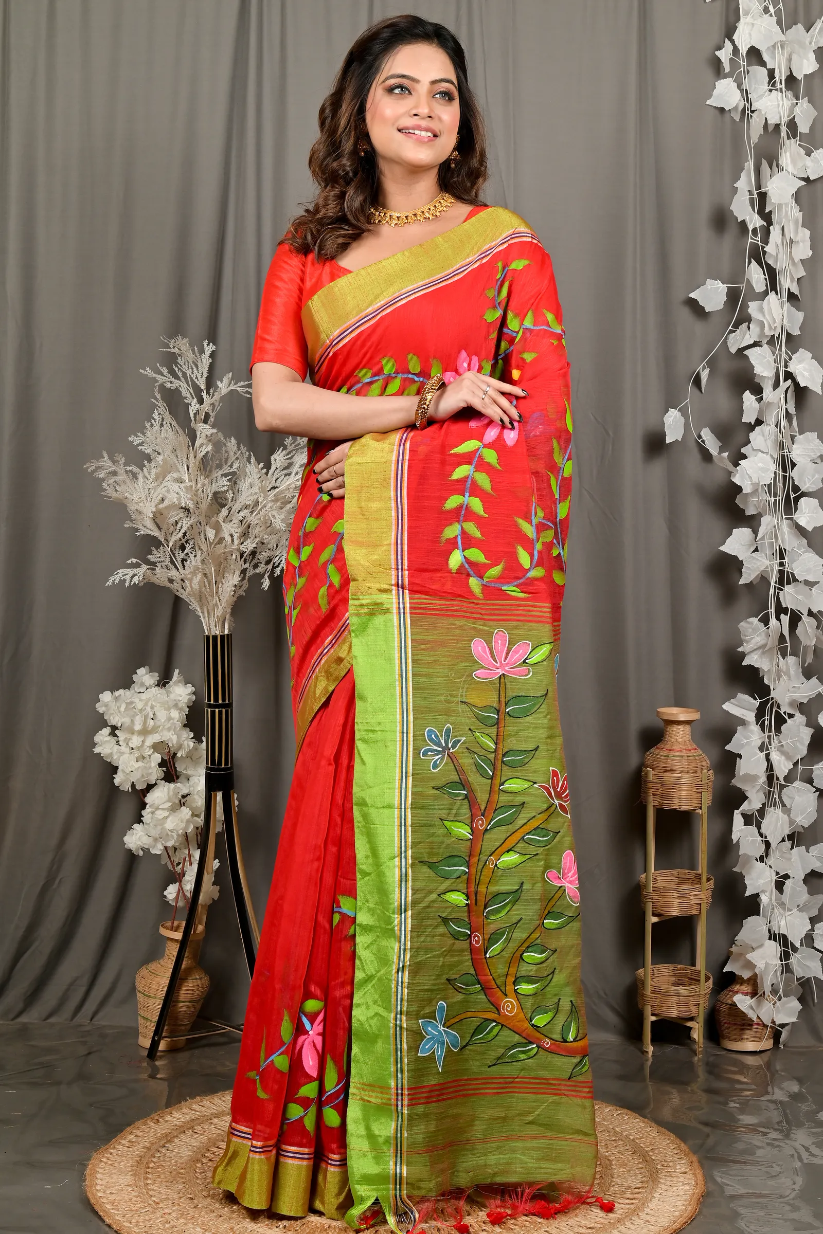 DipDiya Cotton Blend Red Green Deepsi Handcrafted Elegance Hand Painted Sarees