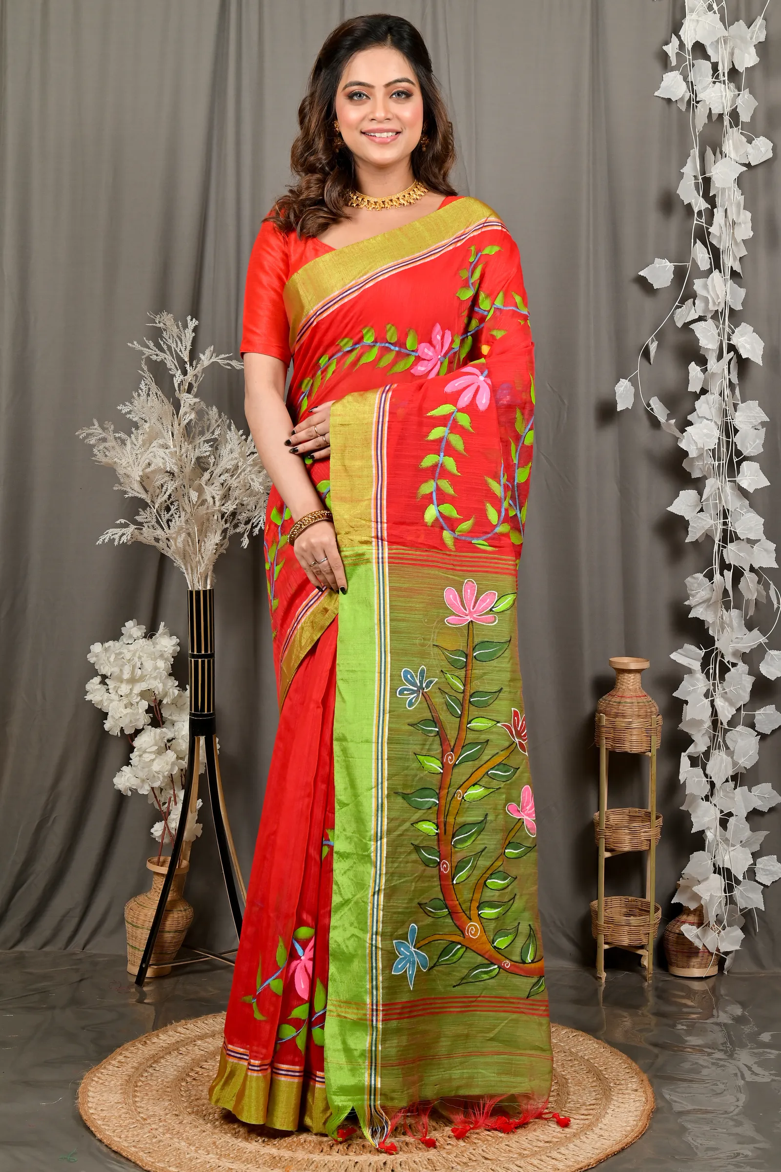 DipDiya Cotton Blend Red Green Deepsi Handcrafted Elegance Hand Painted Sarees