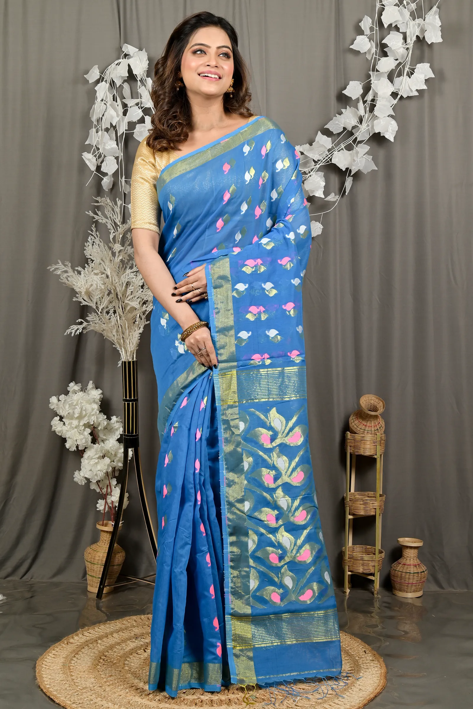 DipDiya Cotton Blend Sky Blue Dhrum Bengal’s Tradition Handloom Sarees