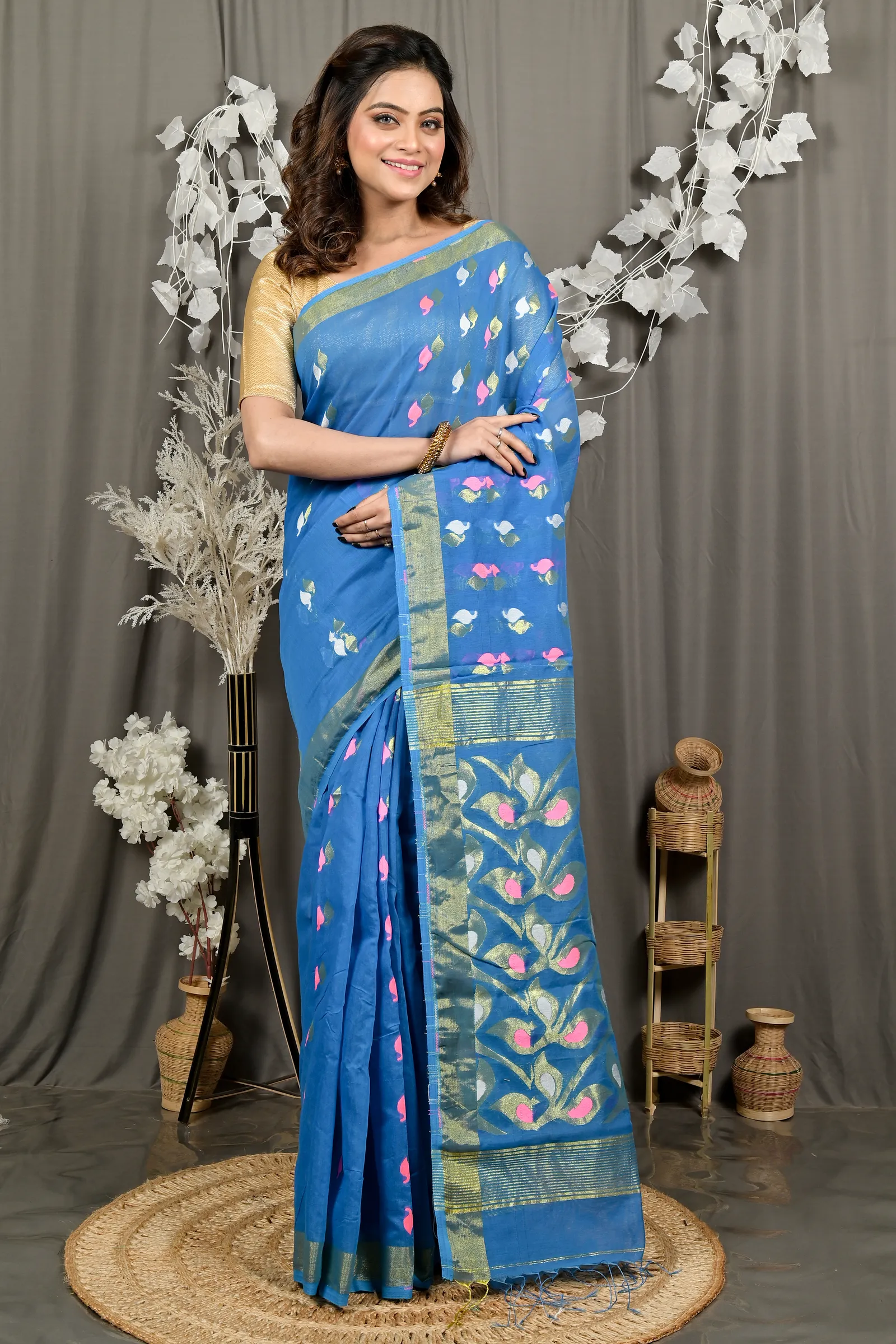 DipDiya Cotton Blend Sky Blue Dhrum Bengal’s Tradition Handloom Sarees