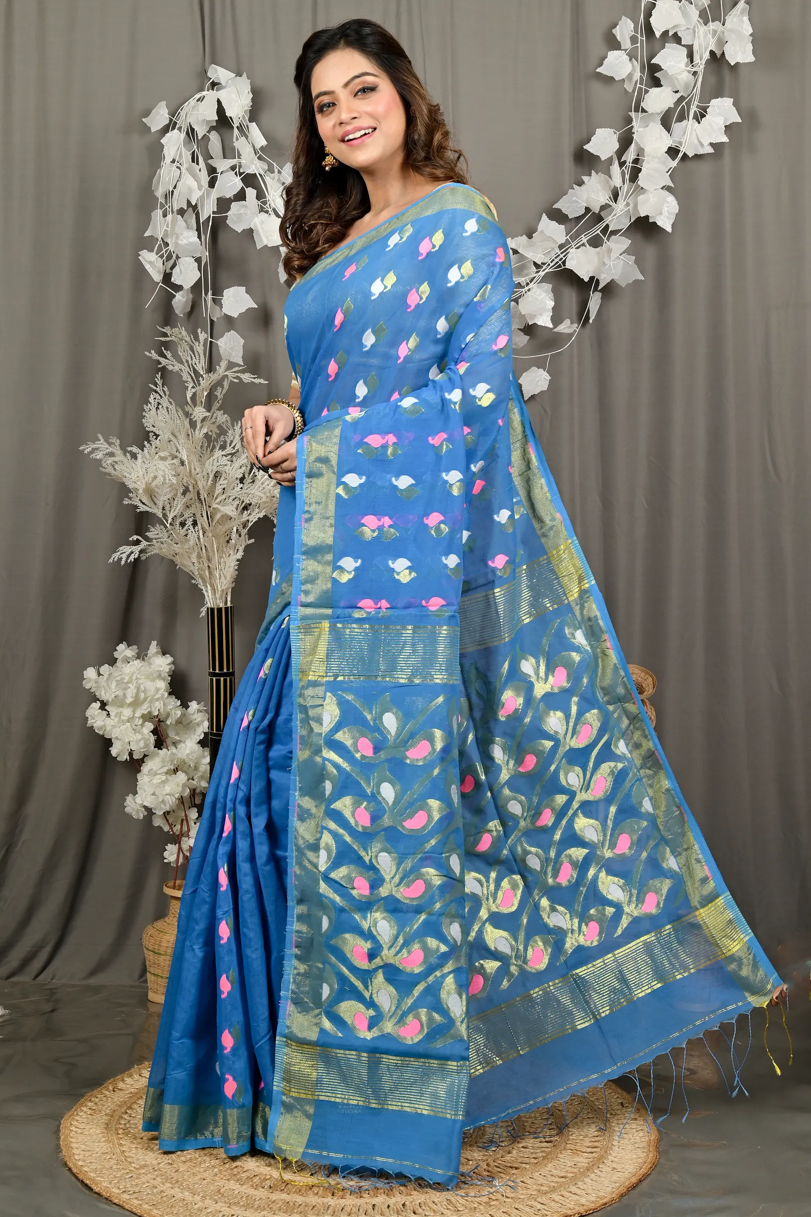 DipDiya Cotton Blend Sky Blue Dhrum Bengal’s Tradition Handloom Sarees