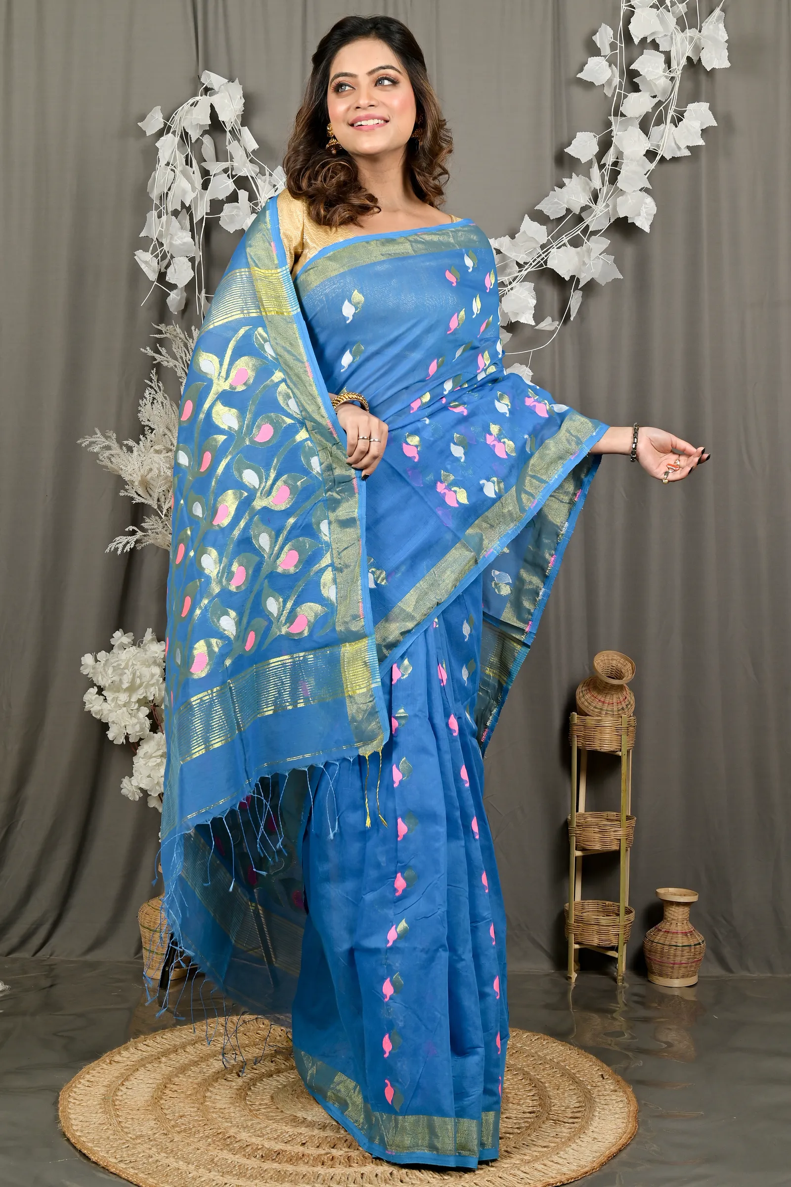 DipDiya Cotton Blend Sky Blue Dhrum Bengal’s Tradition Handloom Sarees