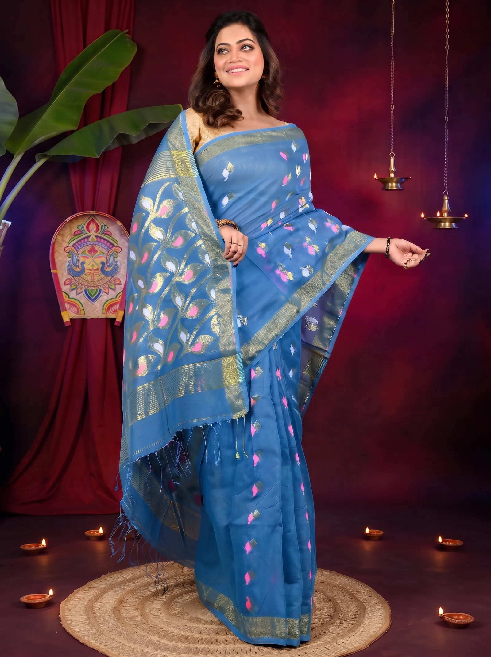 DipDiya Cotton Blend Sky Blue Dhrum Bengal’s Tradition Handloom Sarees