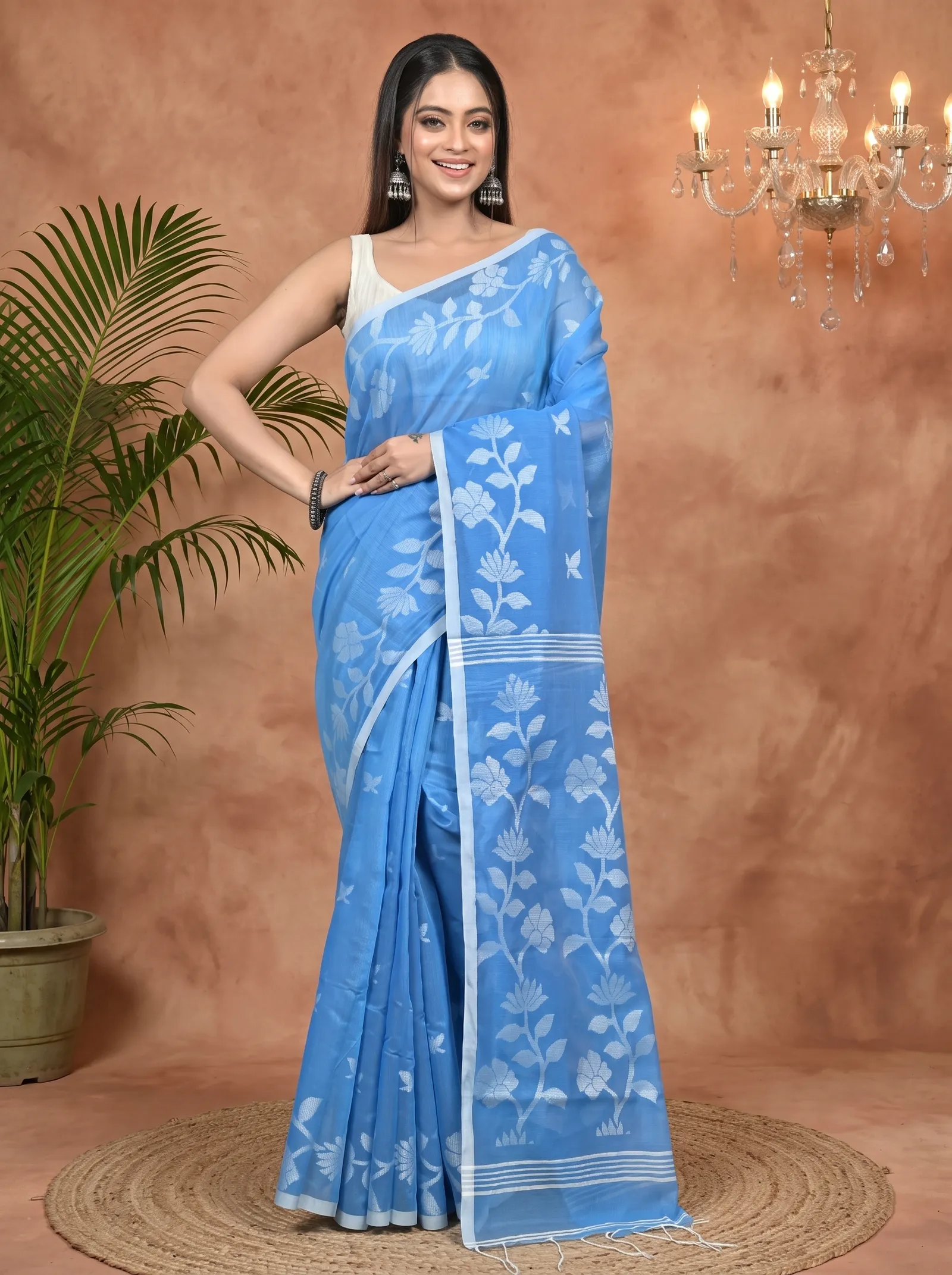 DipDiya Cotton Blend Sky Blue Parlon Threads of Tradition Handloom Sarees