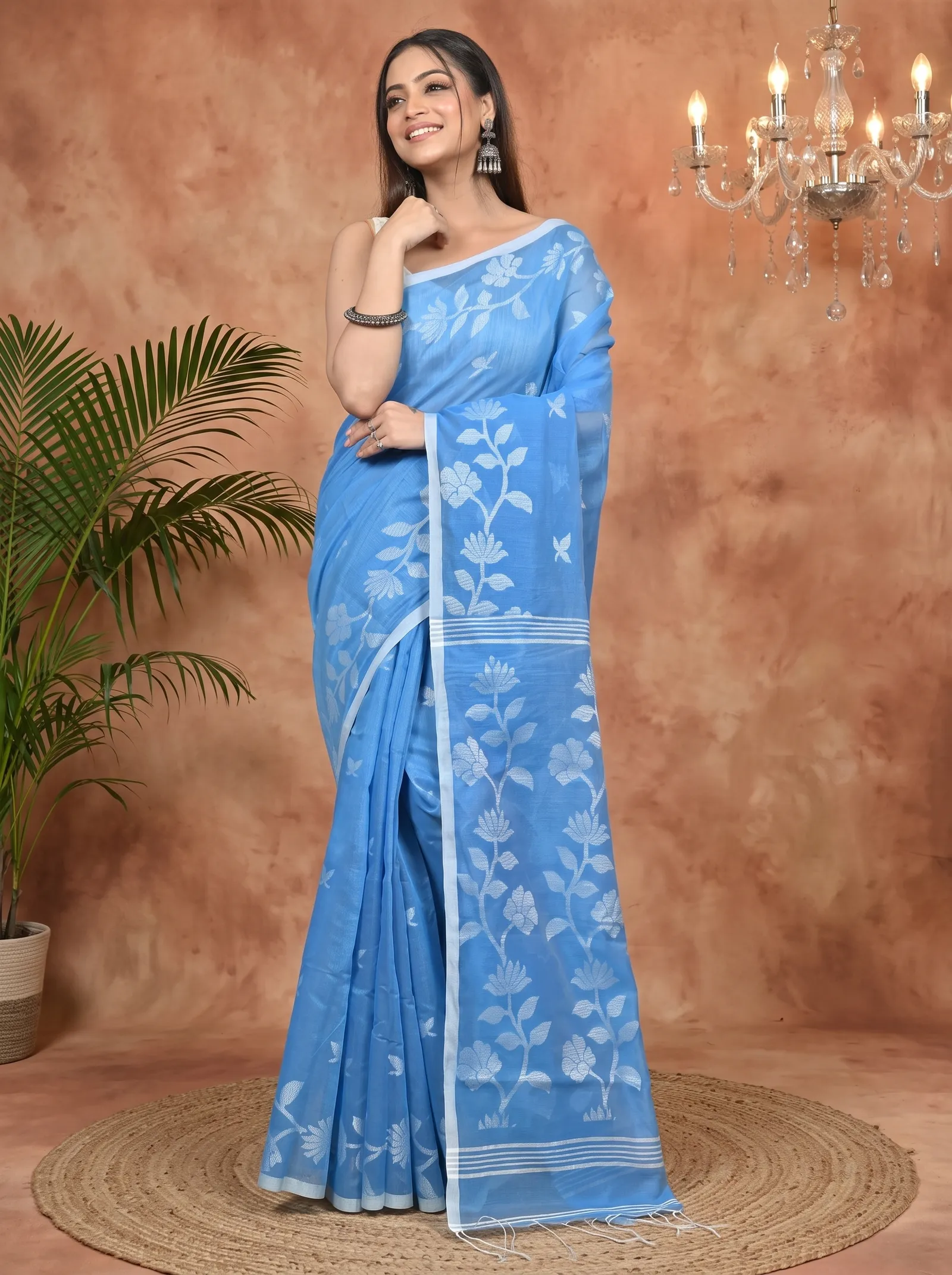 DipDiya Cotton Blend Sky Blue Parlon Threads of Tradition Handloom Sarees
