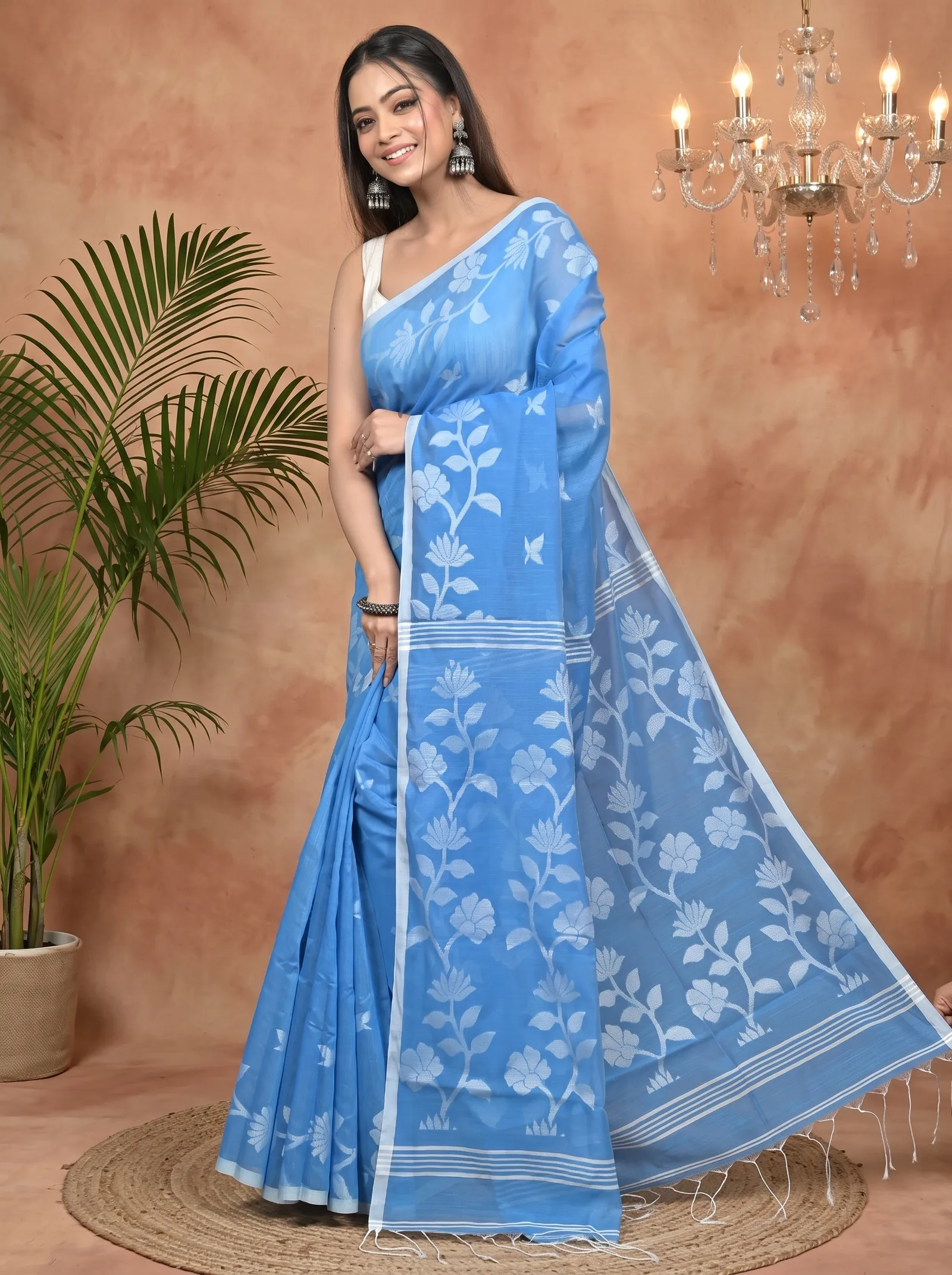 DipDiya Cotton Blend Sky Blue Parlon Threads of Tradition Handloom Sarees