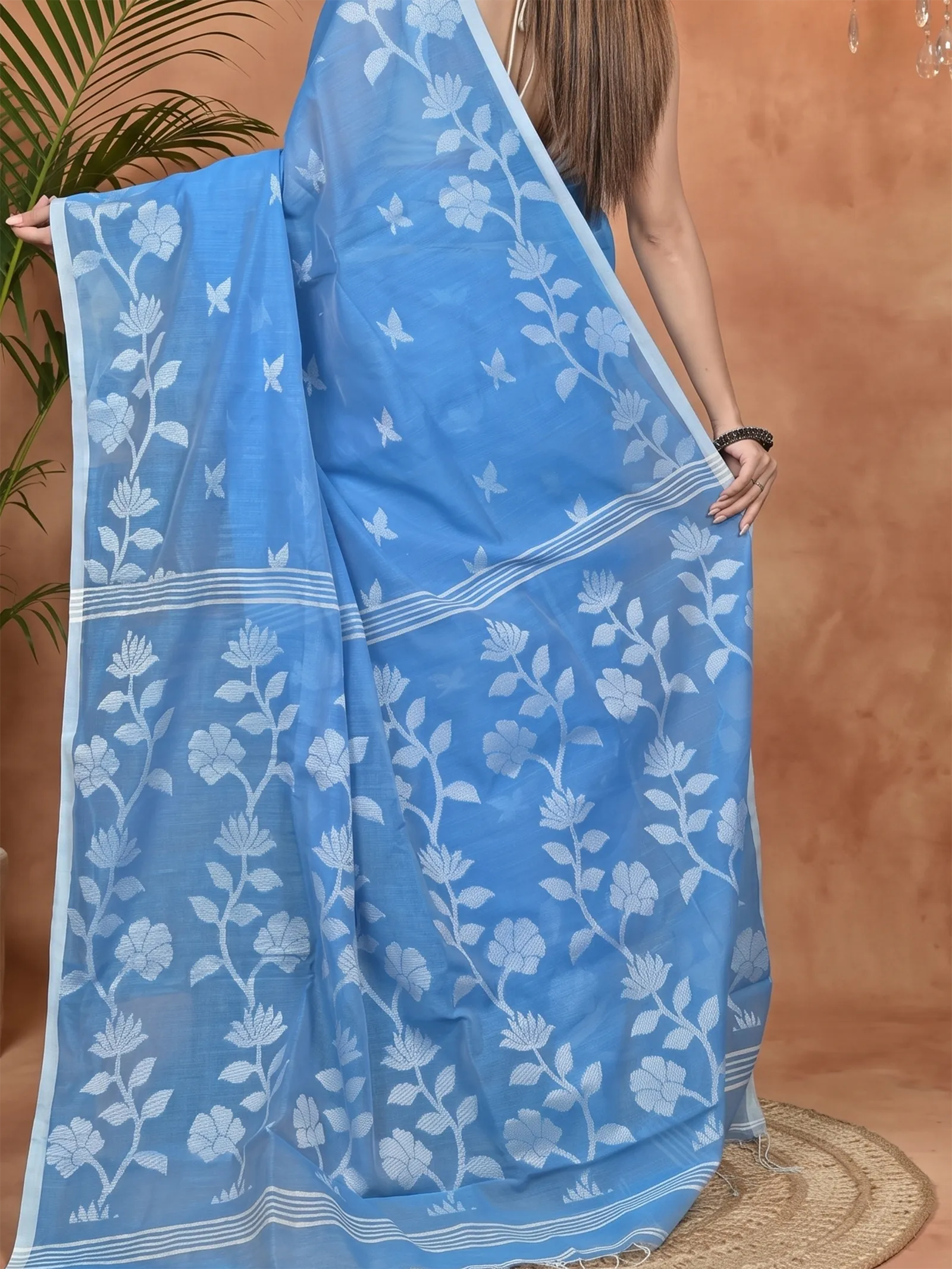 DipDiya Cotton Blend Sky Blue Parlon Threads of Tradition Handloom Sarees