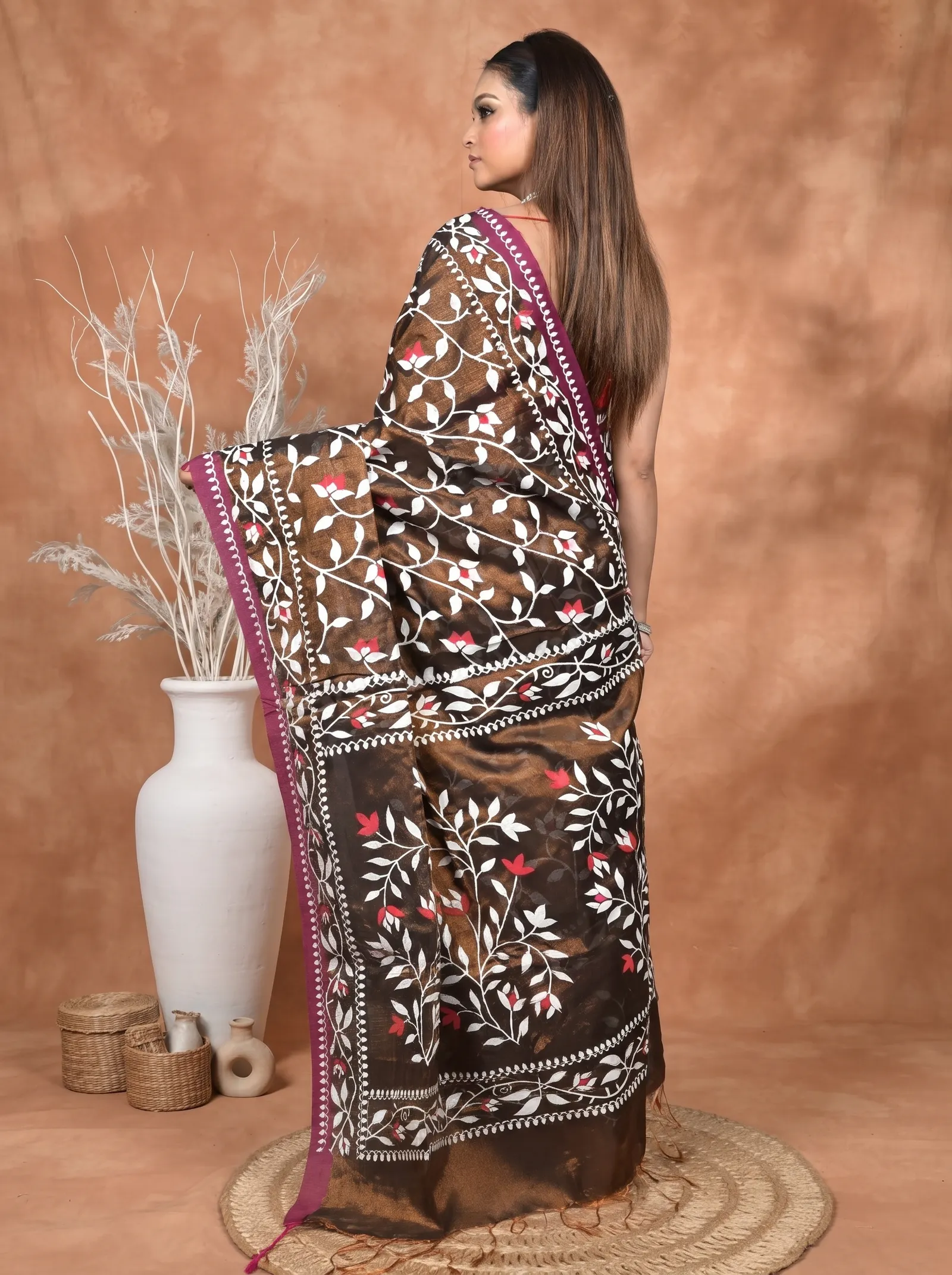 DipDiya Cotton Blend  Traditional Bengali Black Artisan Crafted Parbun Handloom Saree