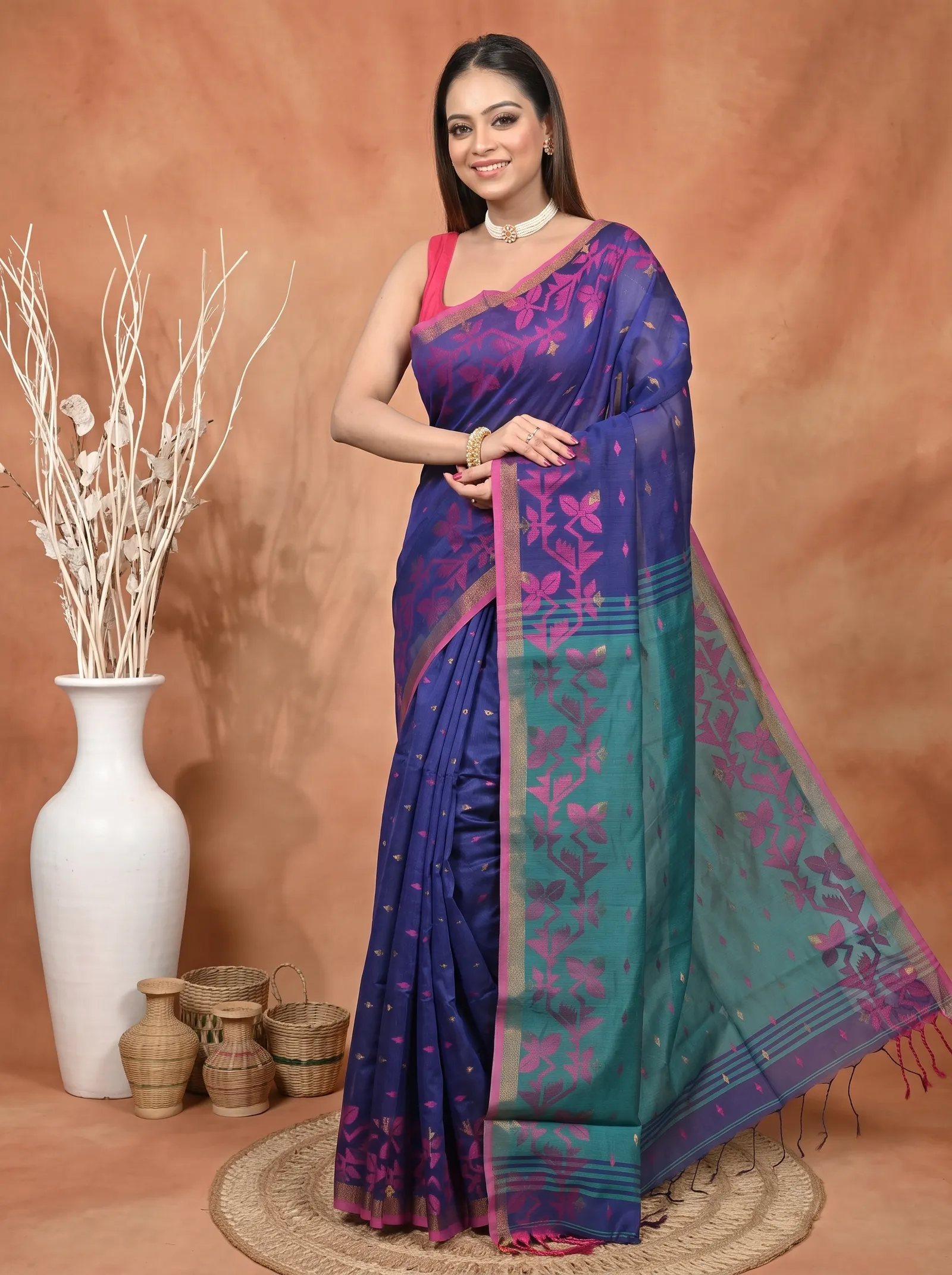 DipDiya Cotton Blend  Traditional Bengali Blue Green Artisan Crafted Parvon Kanjivaram Silk Saree