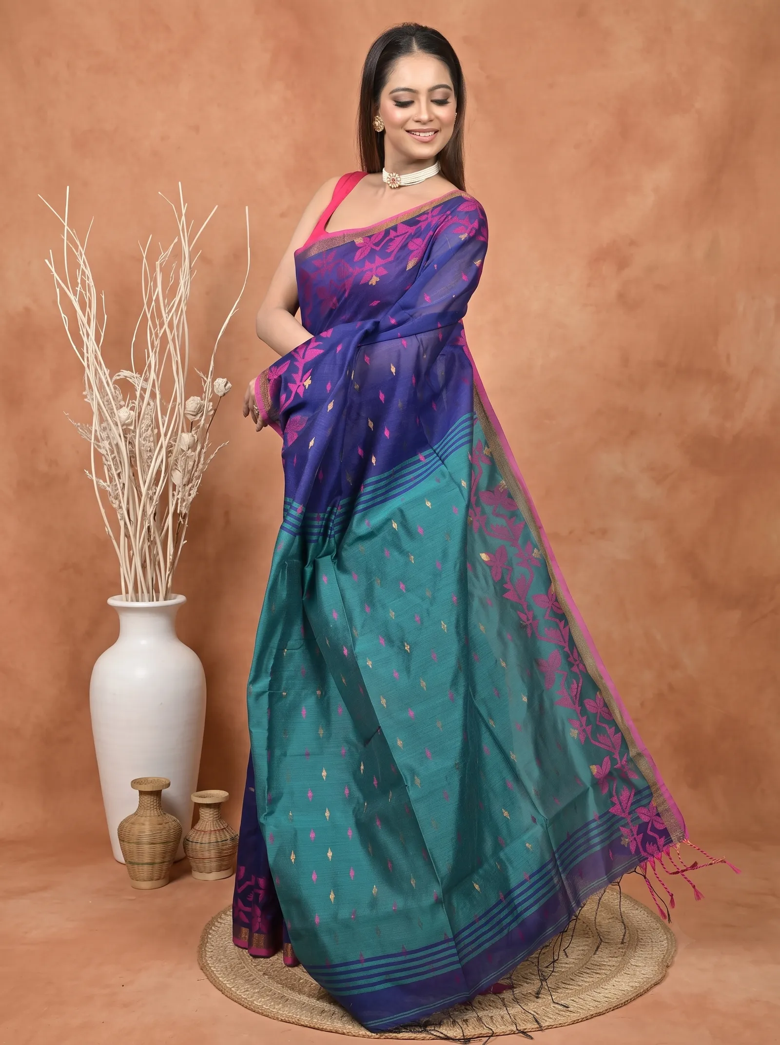 DipDiya Cotton Blend  Traditional Bengali Blue Green Artisan Crafted Parvon Kanjivaram Silk Saree