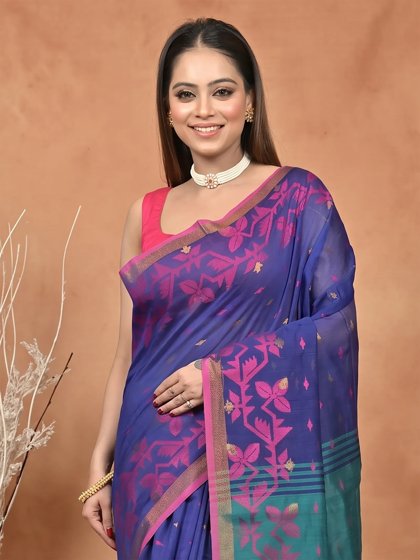 DipDiya Cotton Blend  Traditional Bengali Blue Green Artisan Crafted Parvon Kanjivaram Silk Saree