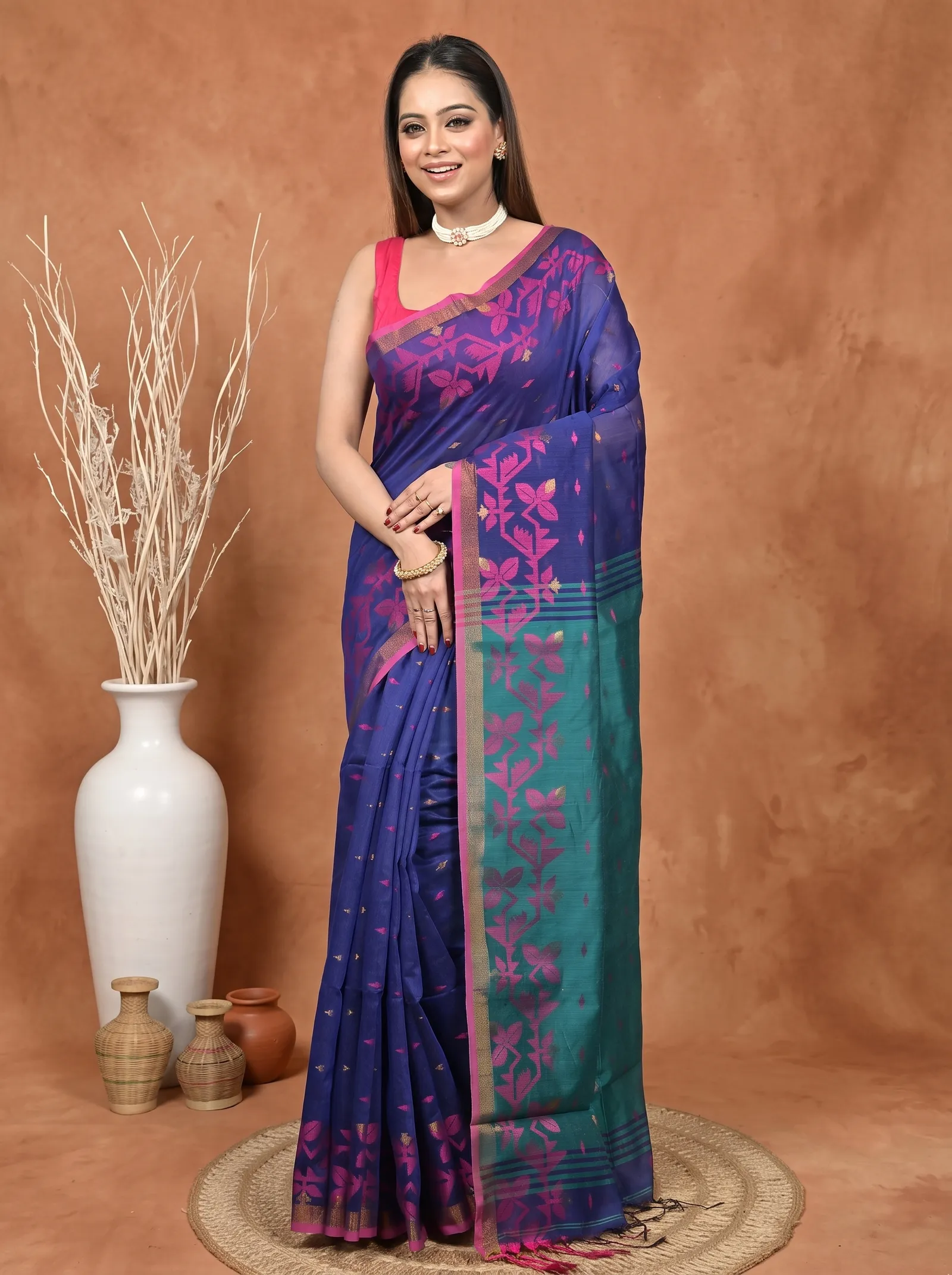 DipDiya Cotton Blend  Traditional Bengali Blue Green Artisan Crafted Parvon Kanjivaram Silk Saree