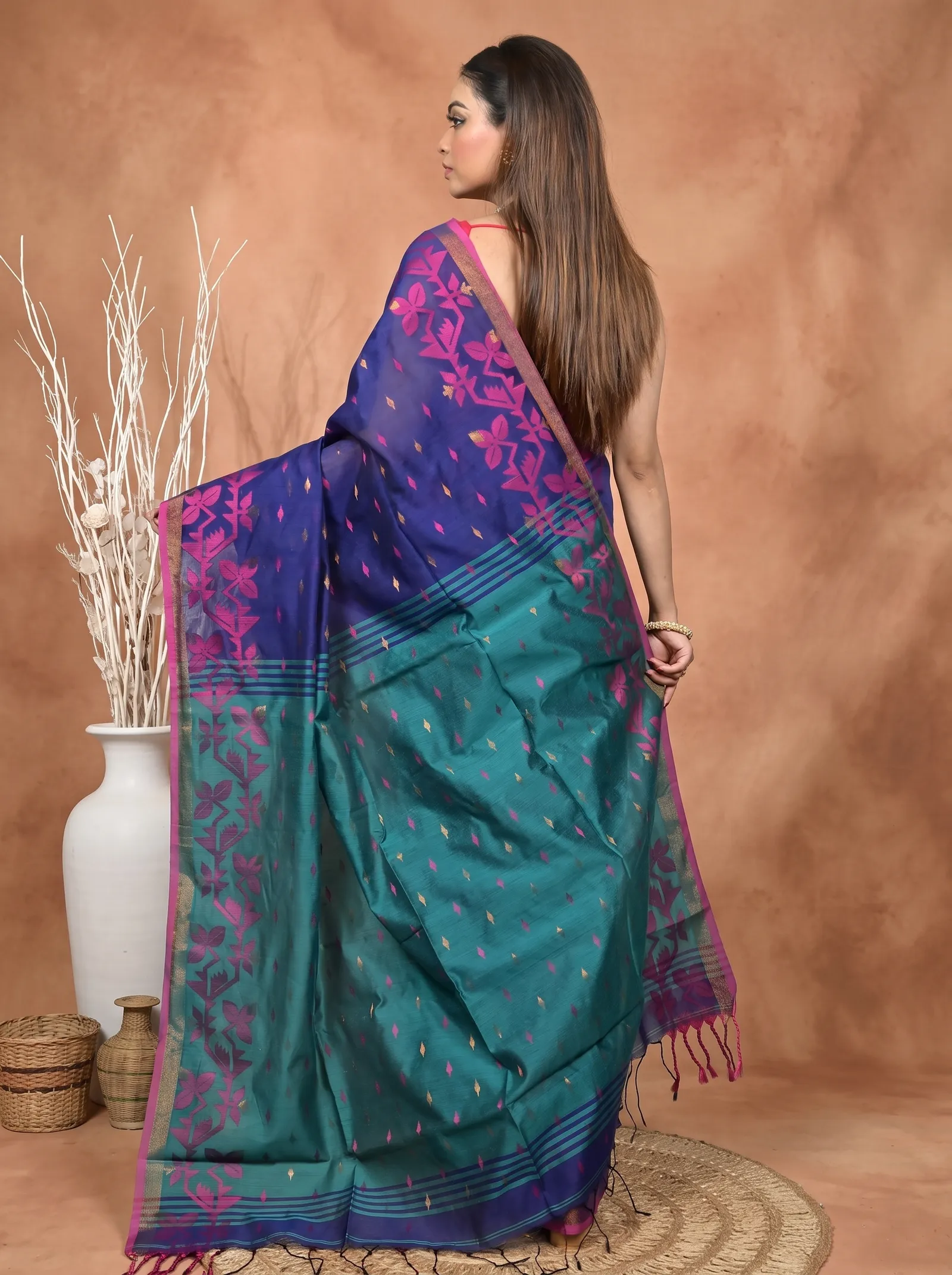 DipDiya Cotton Blend  Traditional Bengali Blue Green Artisan Crafted Parvon Kanjivaram Silk Saree
