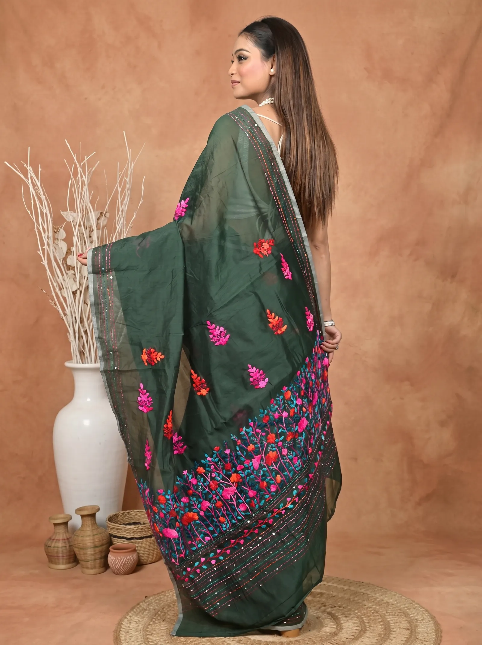 DipDiya Cotton Blend  Traditional Bengali Bottle Green Artisan Crafted Soubun Kathan Saree