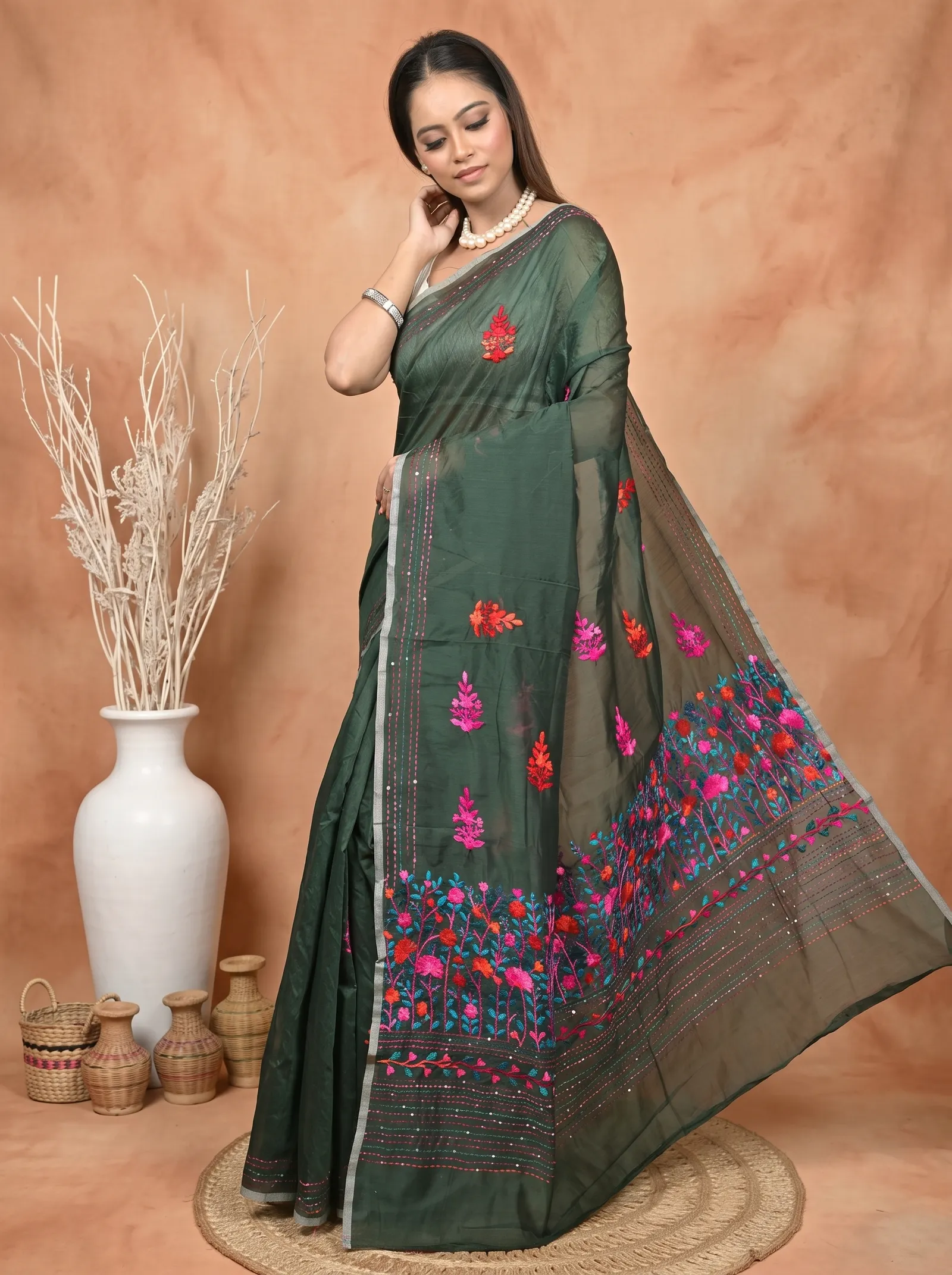 DipDiya Cotton Blend  Traditional Bengali Bottle Green Artisan Crafted Soubun Kathan Saree