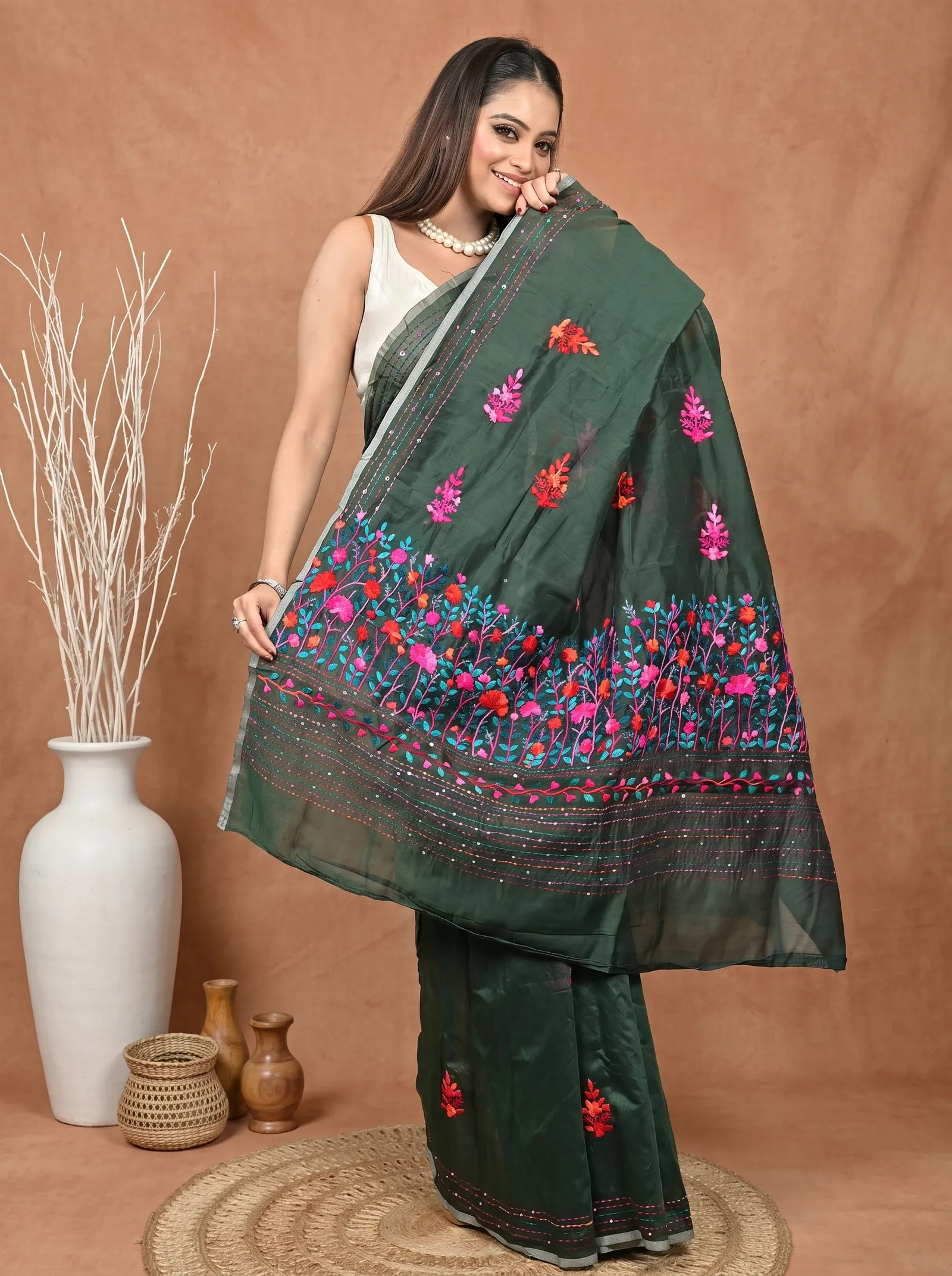 DipDiya Cotton Blend  Traditional Bengali Bottle Green Artisan Crafted Soubun Kathan Saree