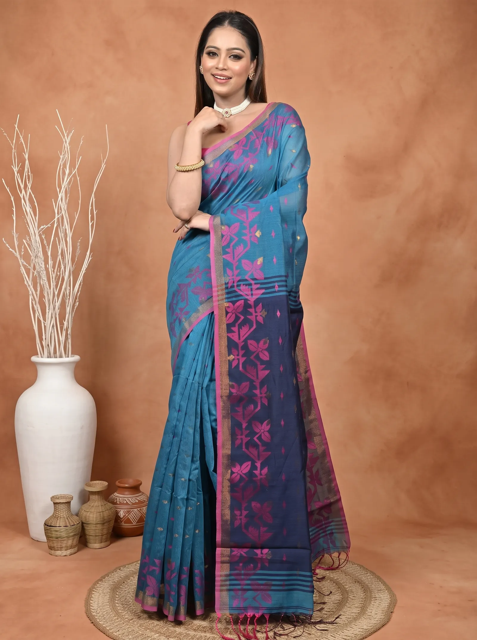 DipDiya Cotton Blend  Traditional Bengali Cobalt Blue Artisan Crafted Parvon Kanjivaram Silk Saree