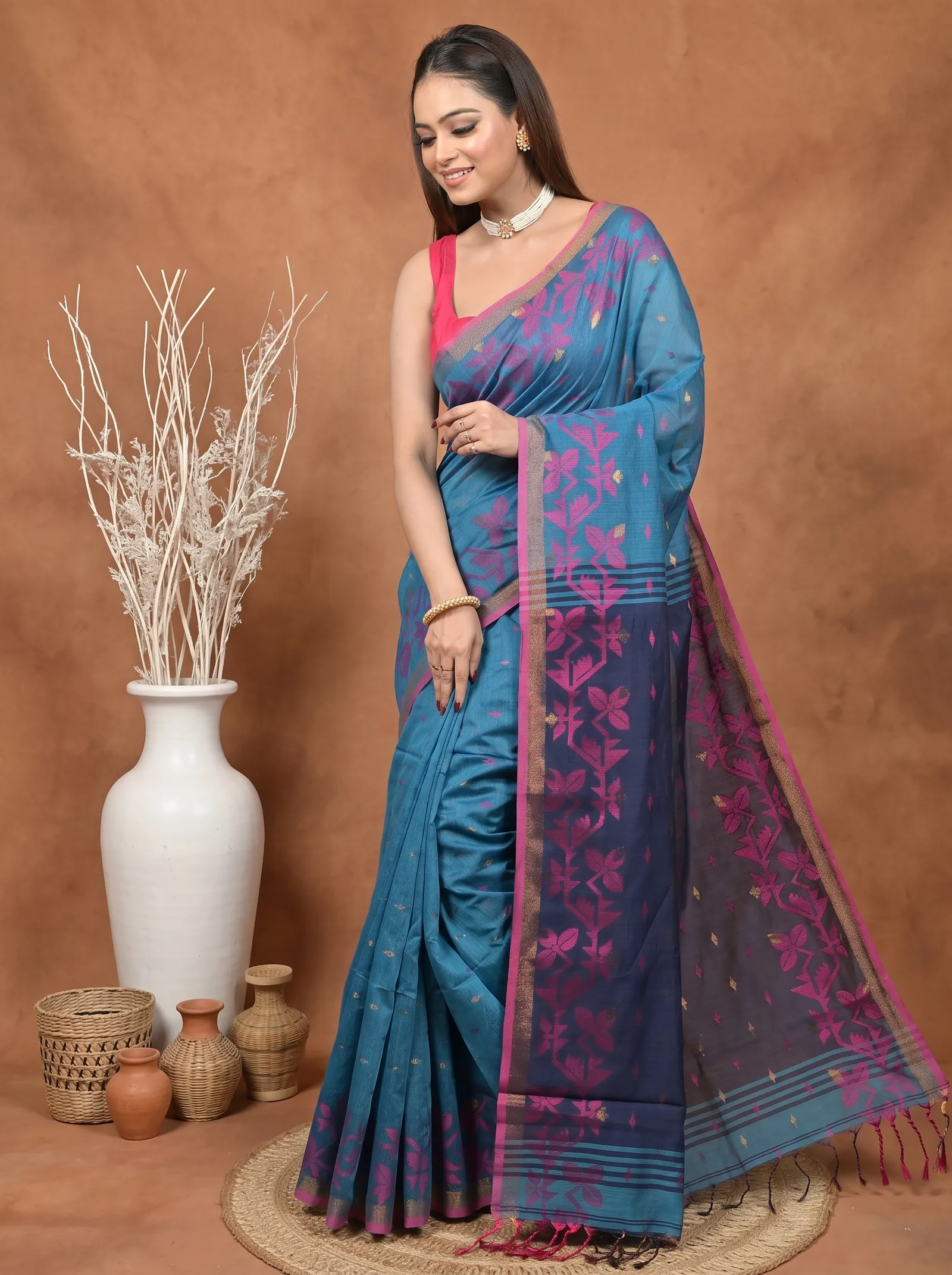 DipDiya Cotton Blend  Traditional Bengali Cobalt Blue Artisan Crafted Parvon Kanjivaram Silk Saree
