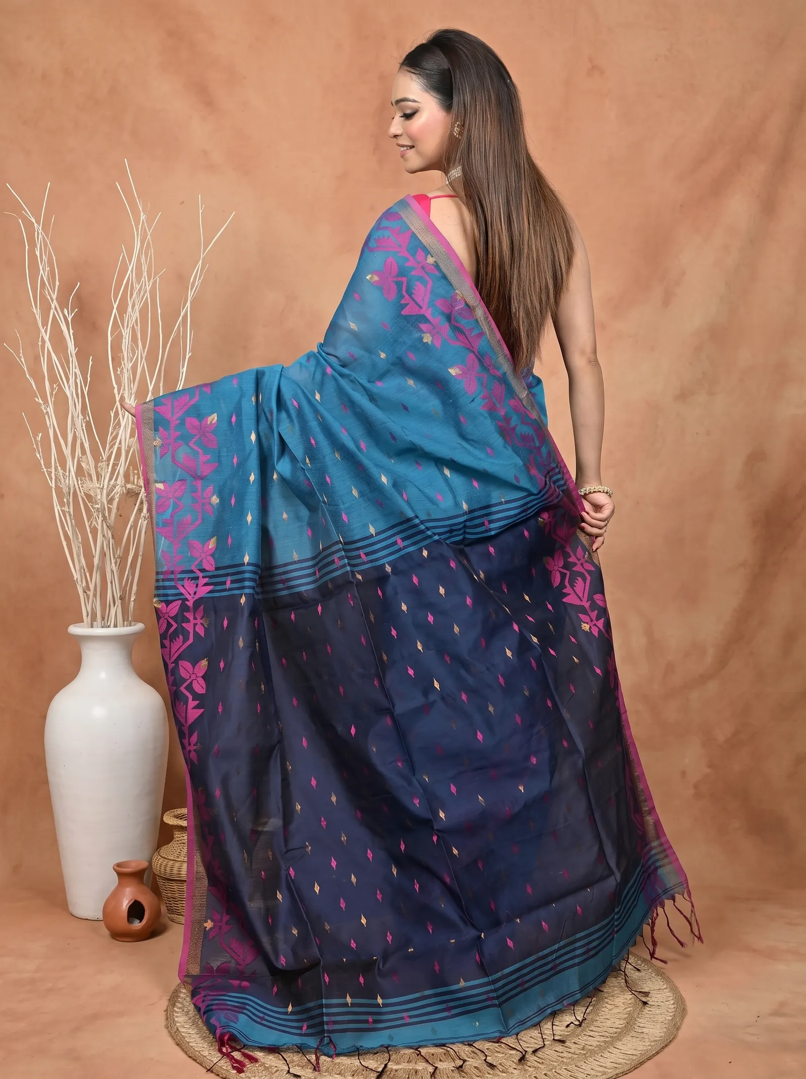 DipDiya Cotton Blend  Traditional Bengali Cobalt Blue Artisan Crafted Parvon Kanjivaram Silk Saree