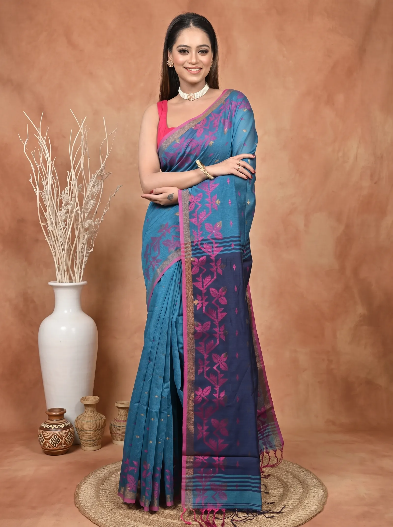 DipDiya Cotton Blend  Traditional Bengali Cobalt Blue Artisan Crafted Parvon Kanjivaram Silk Saree