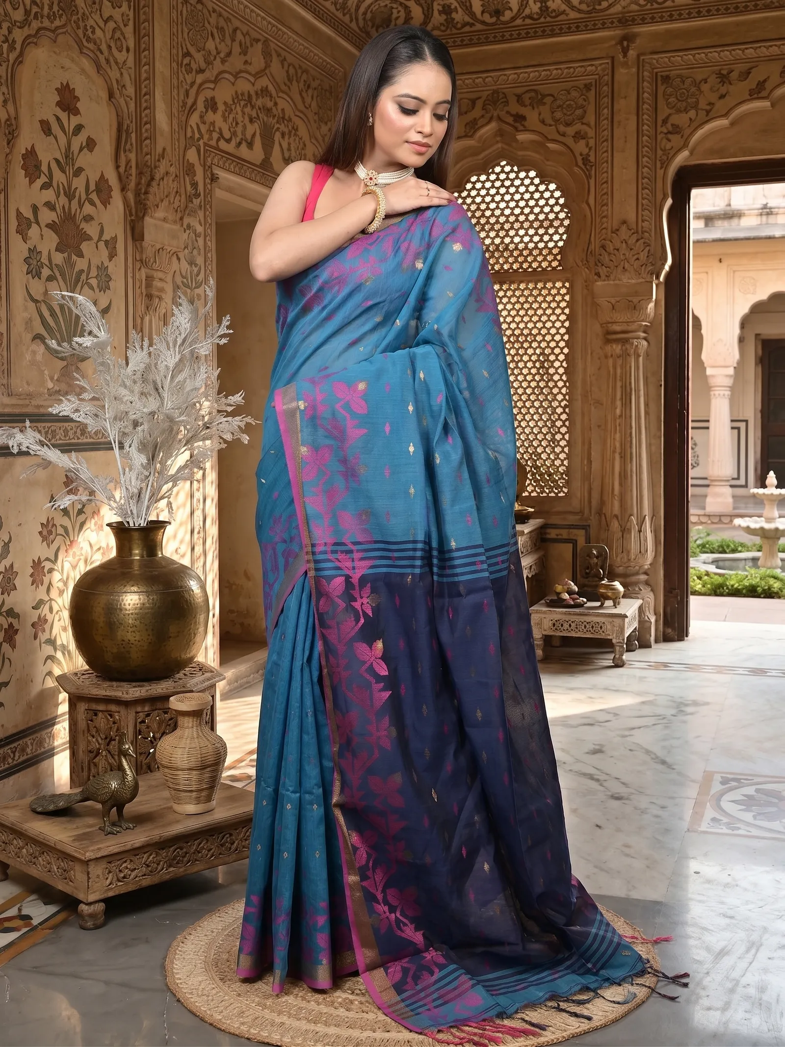 DipDiya Cotton Blend  Traditional Bengali Cobalt Blue Artisan Crafted Parvon Kanjivaram Silk Saree