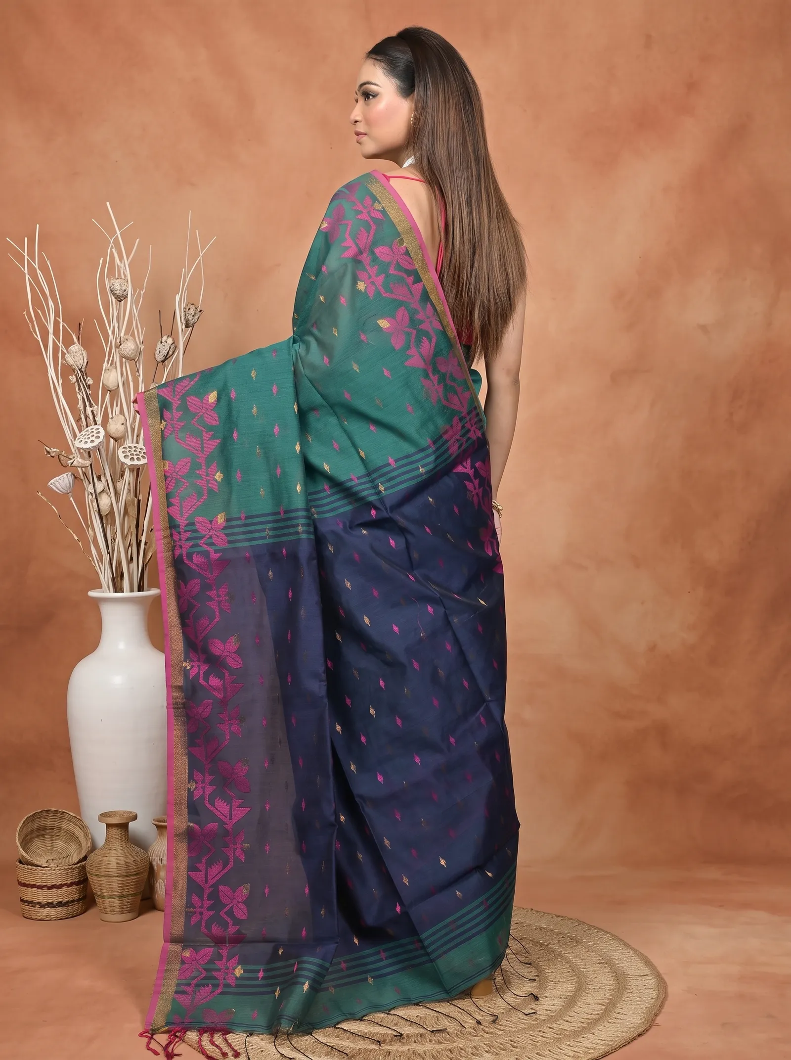DipDiya Cotton Blend  Traditional Bengali Dark Green Artisan Crafted Parvon Kanjivaram Silk Saree
