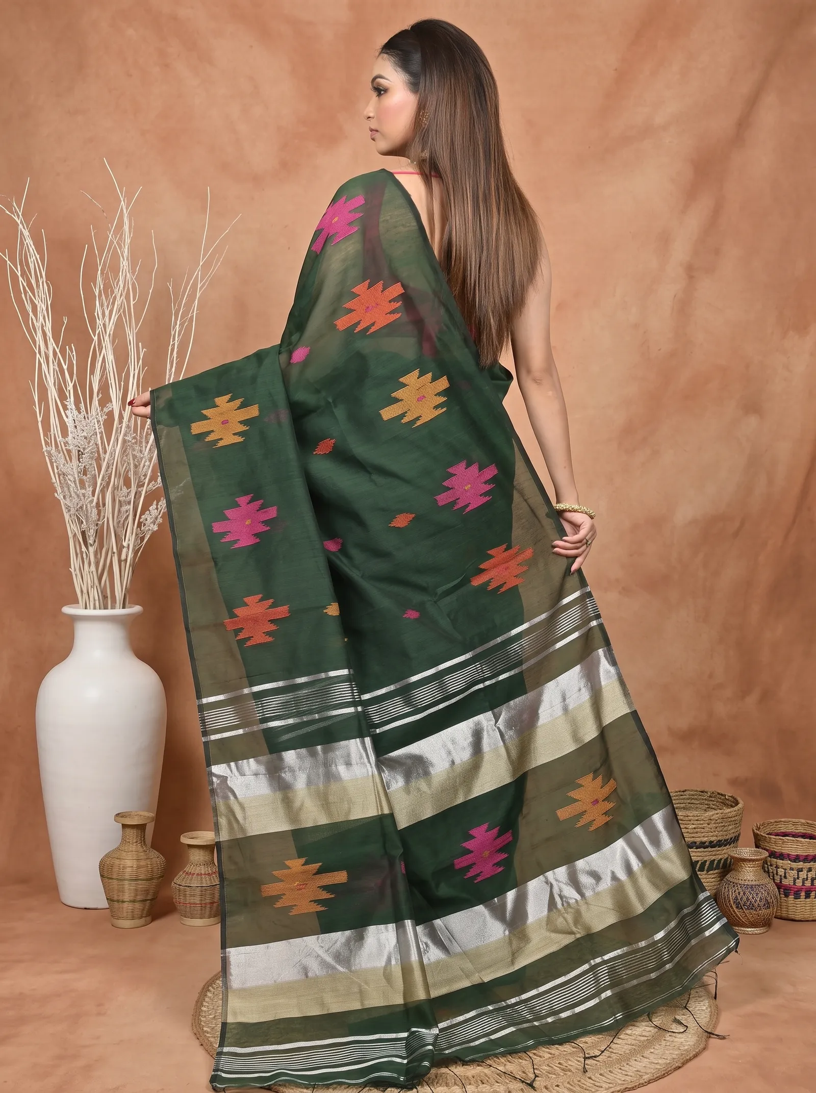 DipDiya Cotton Blend  Traditional Bengali Dark Green Artisan Crafted Soulik Handloom Saree