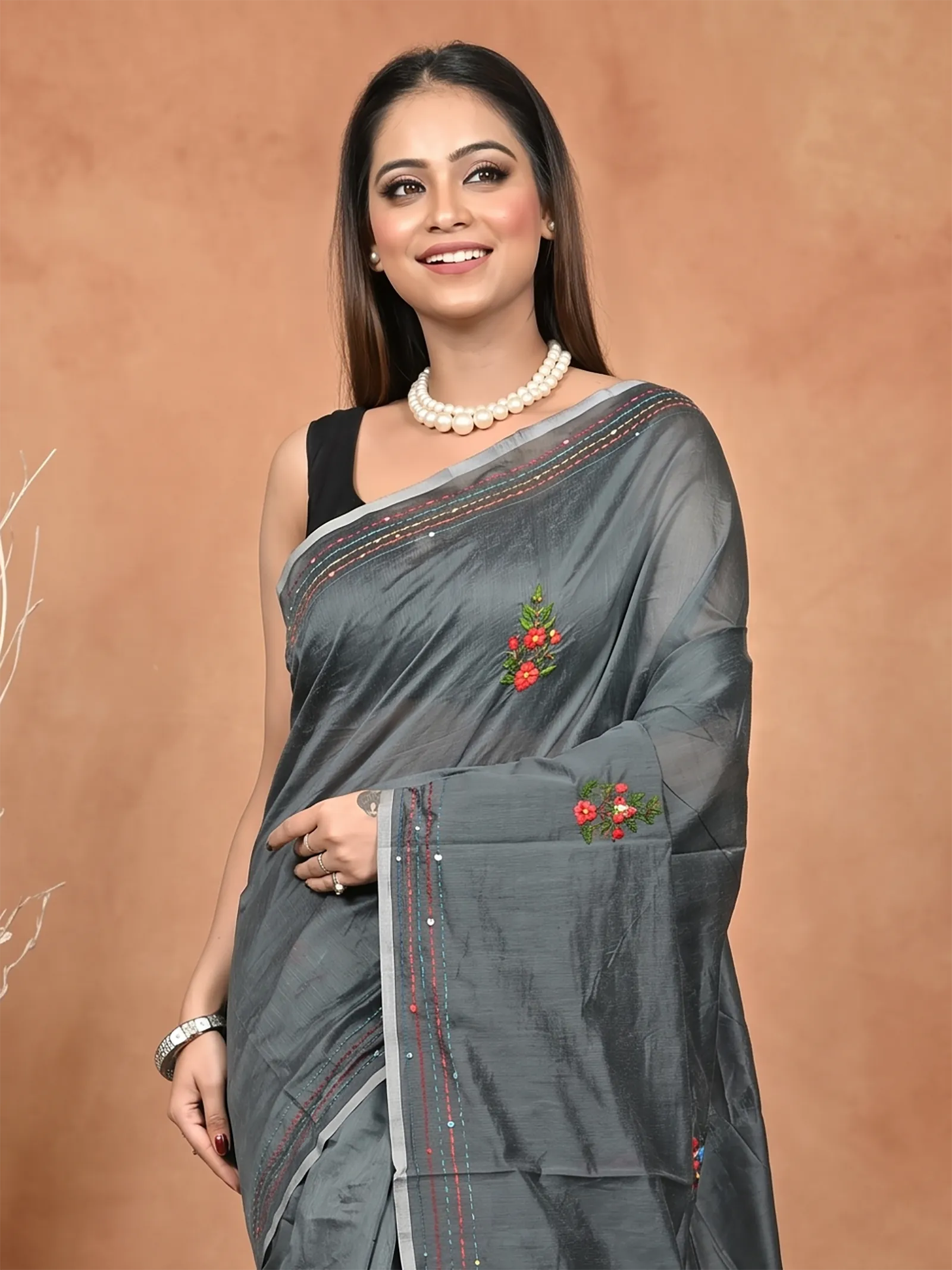 DipDiya Cotton Blend  Traditional Bengali Dark Grey Artisan Crafted Soubun Kathan Saree
