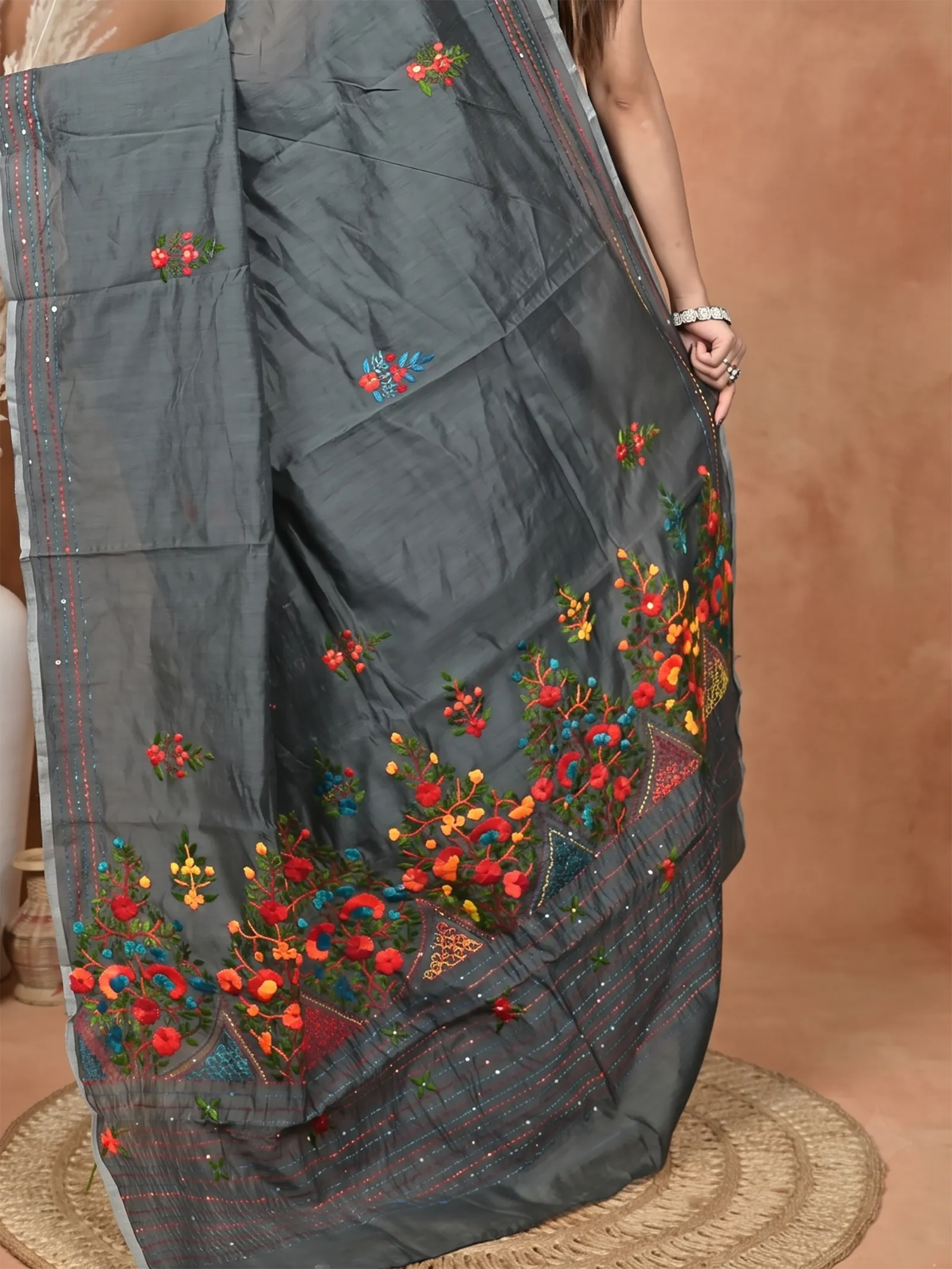 DipDiya Cotton Blend  Traditional Bengali Dark Grey Artisan Crafted Soubun Kathan Saree