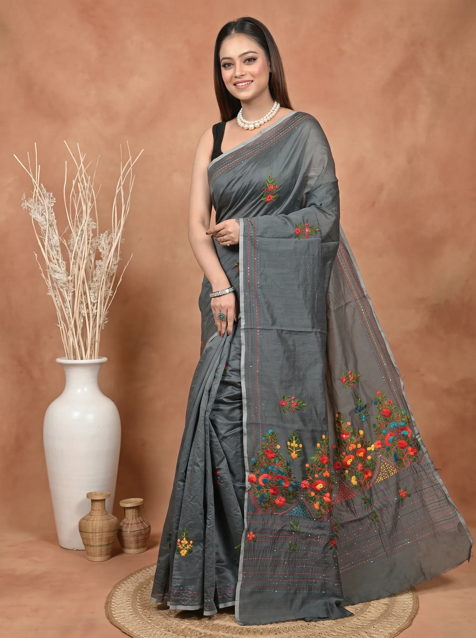 DipDiya Cotton Blend  Traditional Bengali Dark Grey Artisan Crafted Soubun Kathan Saree