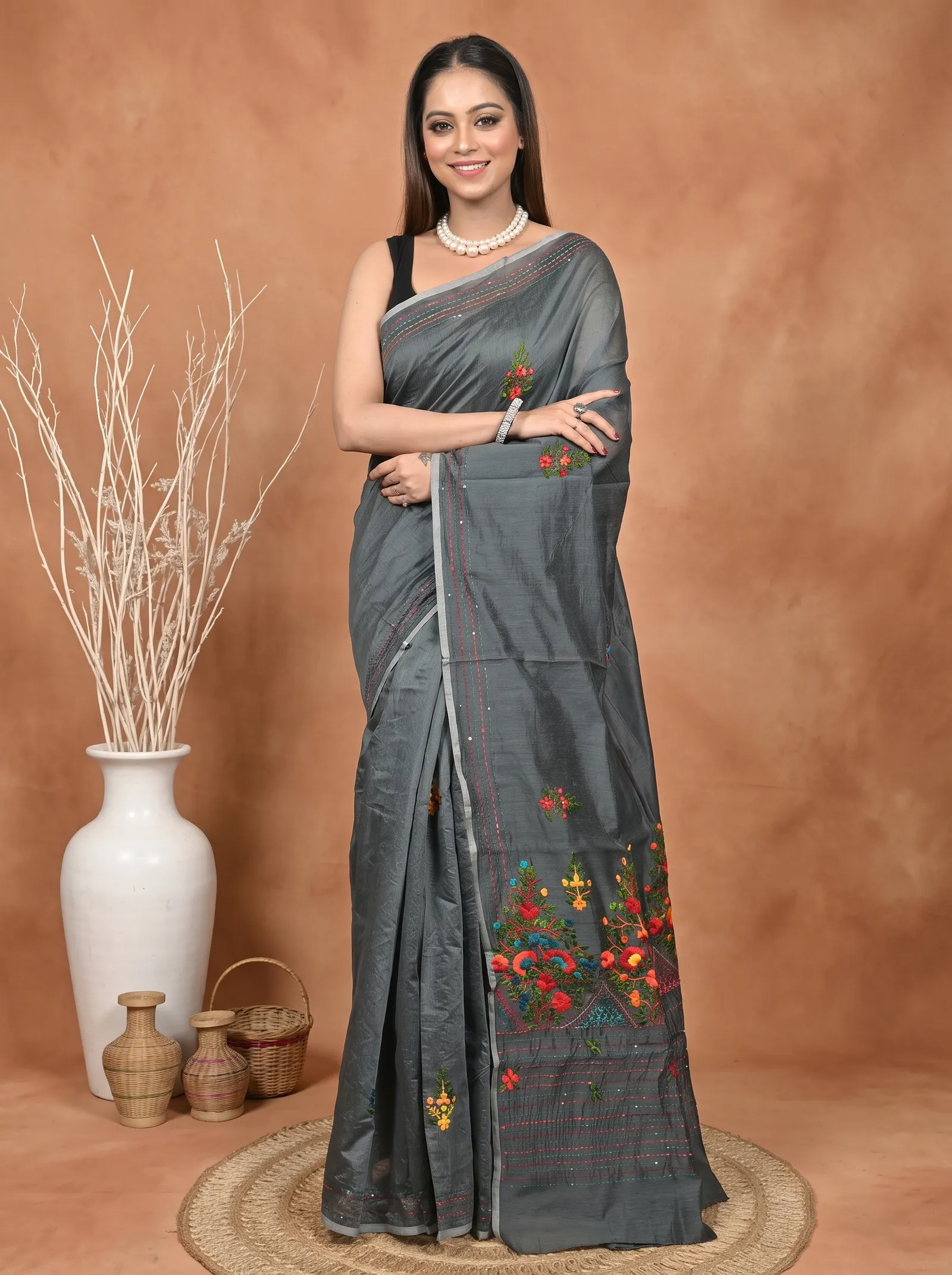 DipDiya Cotton Blend  Traditional Bengali Dark Grey Artisan Crafted Soubun Kathan Saree