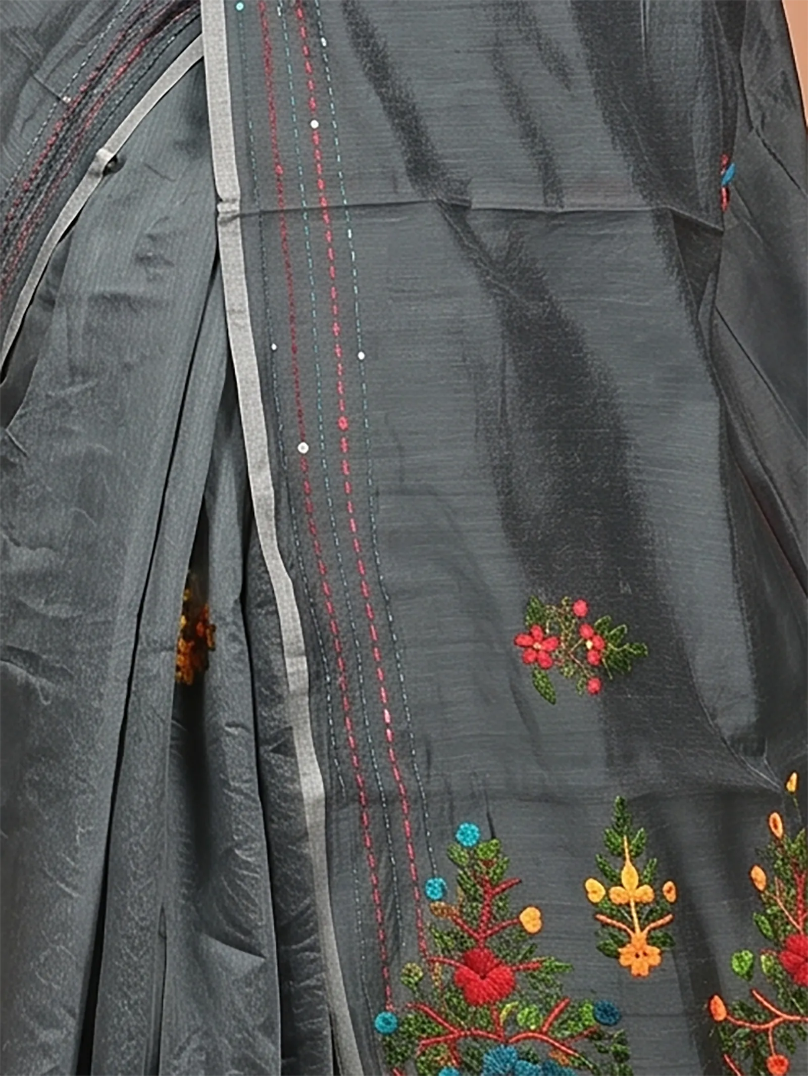DipDiya Cotton Blend  Traditional Bengali Dark Grey Artisan Crafted Soubun Kathan Saree