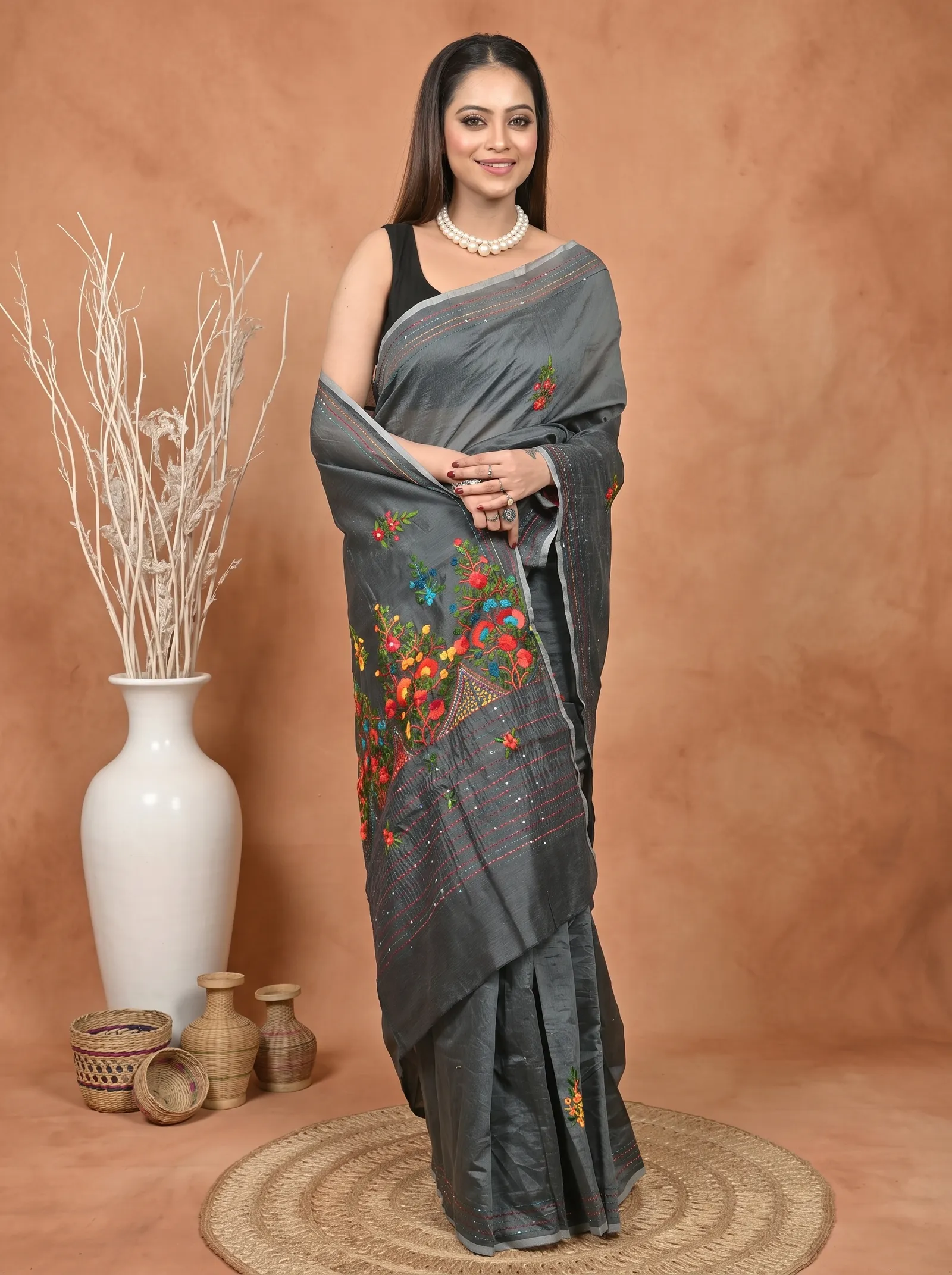 DipDiya Cotton Blend  Traditional Bengali Dark Grey Artisan Crafted Soubun Kathan Saree