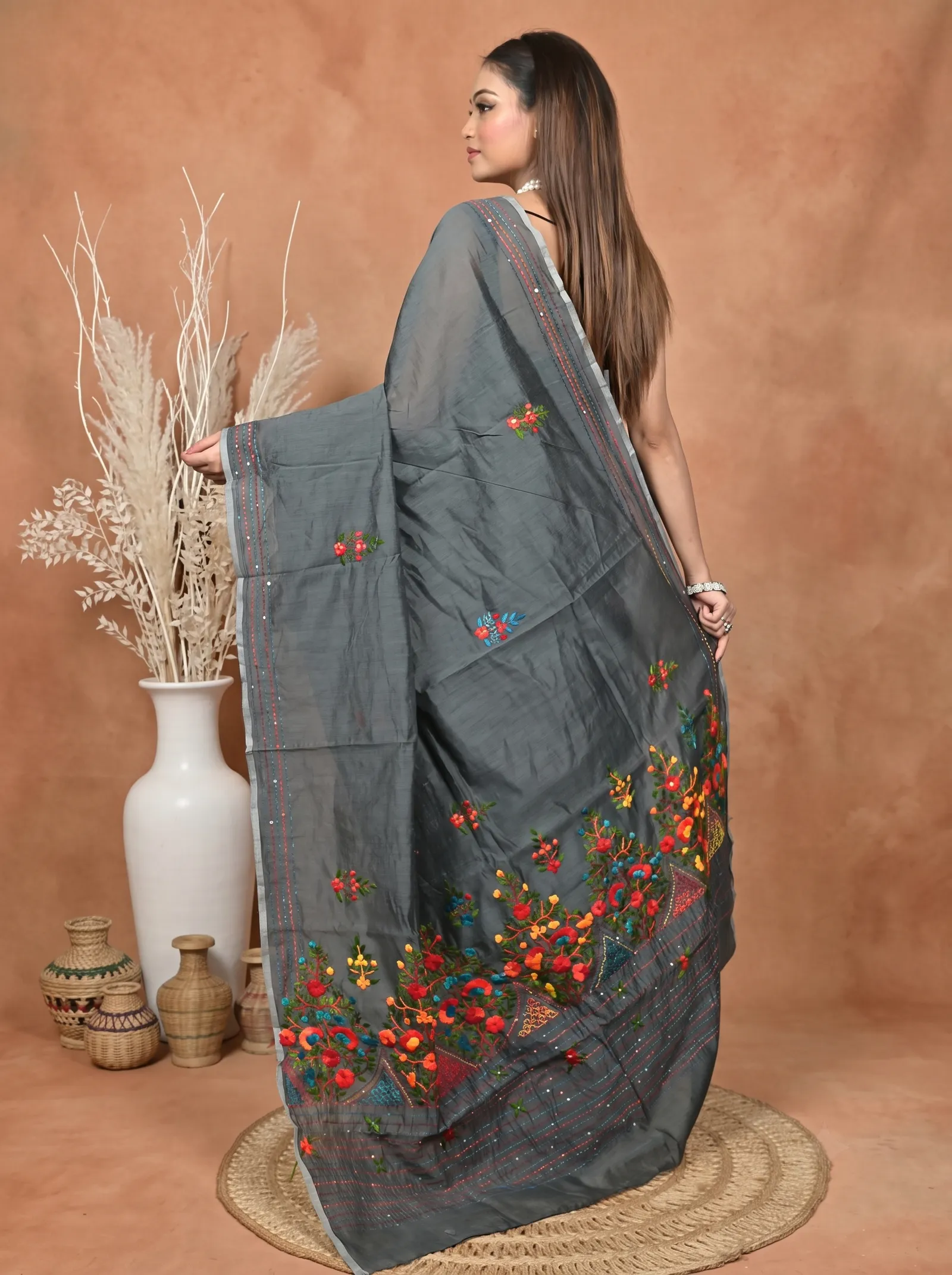 DipDiya Cotton Blend  Traditional Bengali Dark Grey Artisan Crafted Soubun Kathan Saree