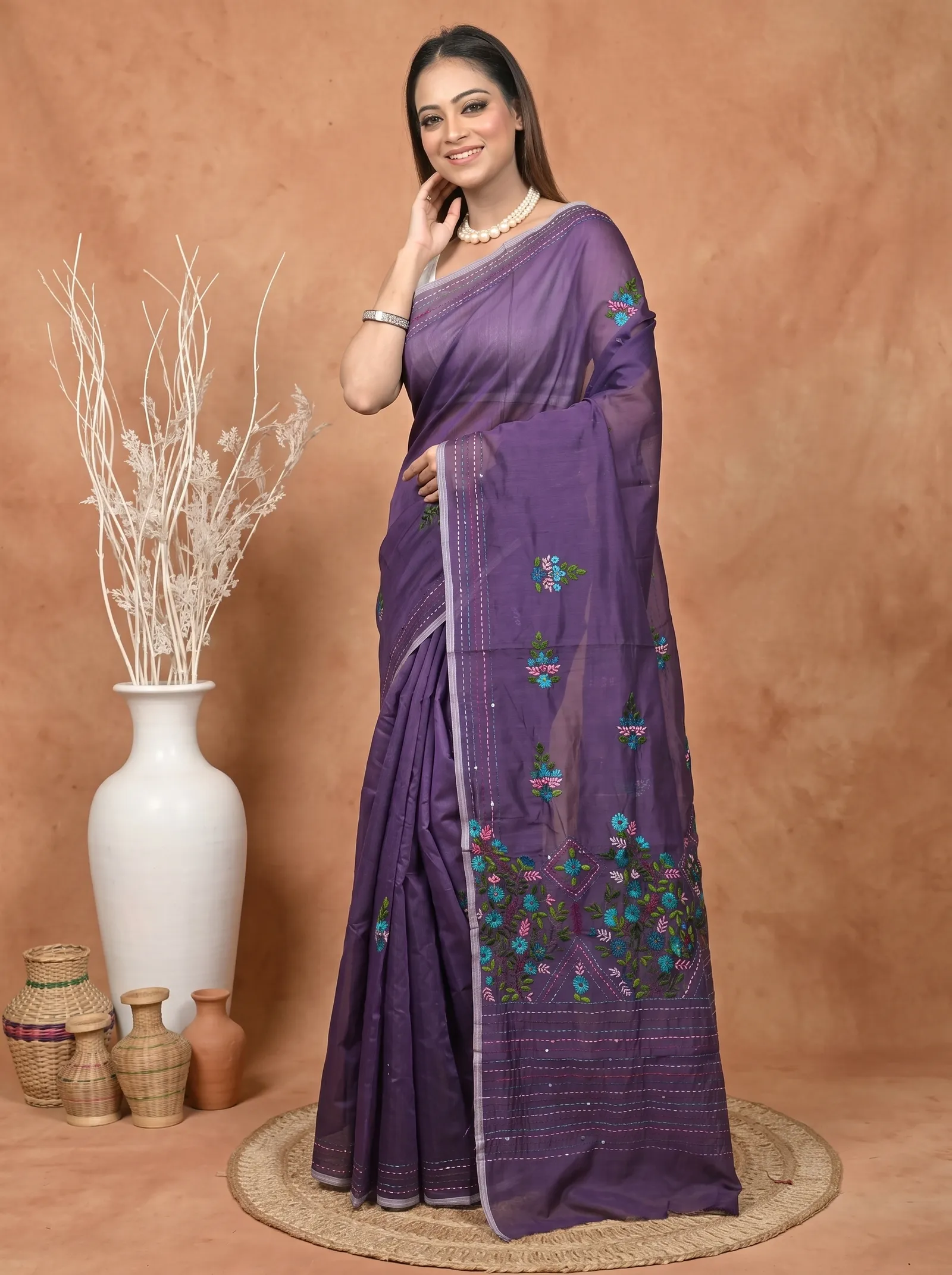 DipDiya Cotton Blend  Traditional Bengali Dark Violet Artisan Crafted Soubun Kathan Saree