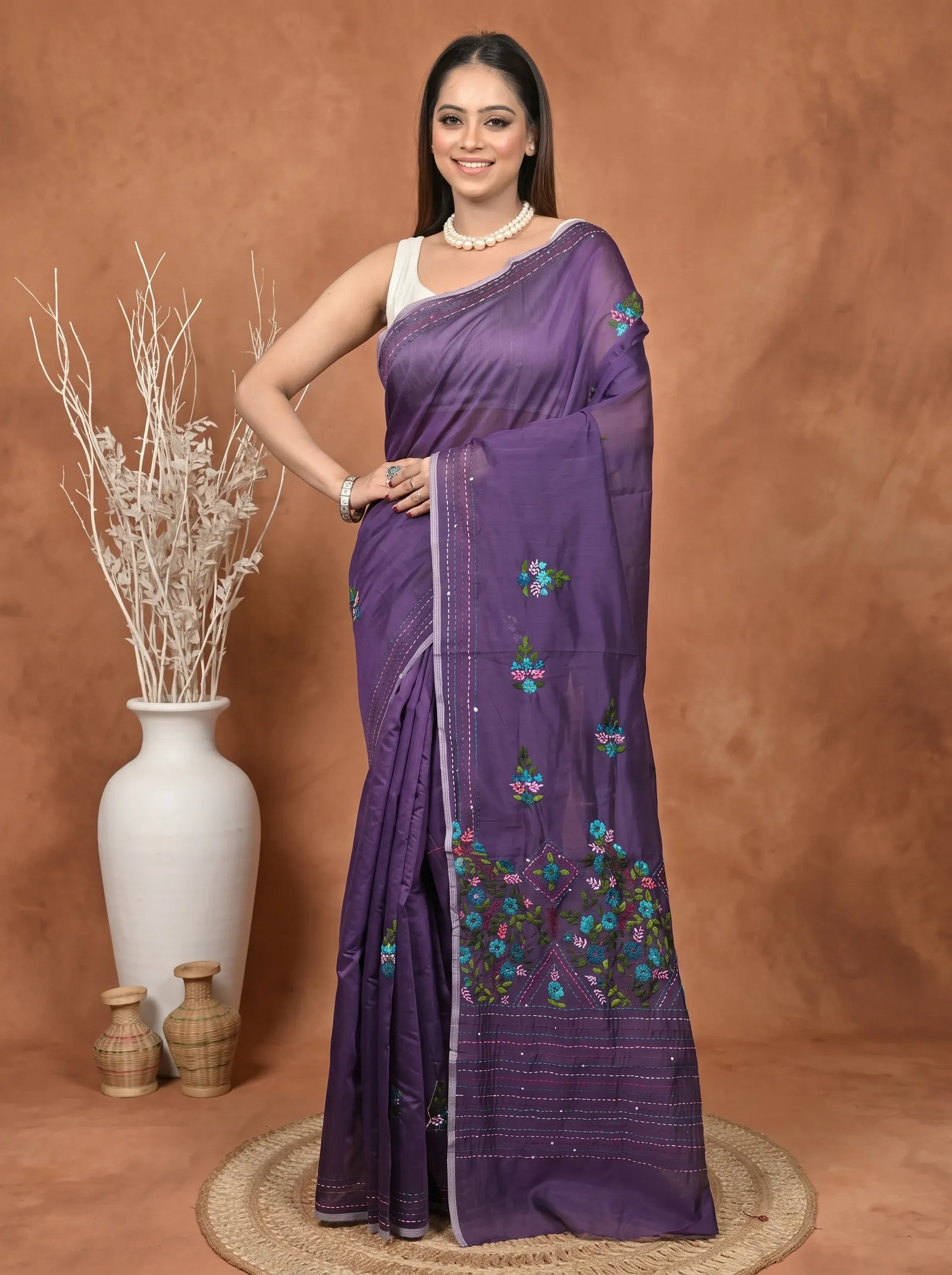 DipDiya Cotton Blend  Traditional Bengali Dark Violet Artisan Crafted Soubun Kathan Saree