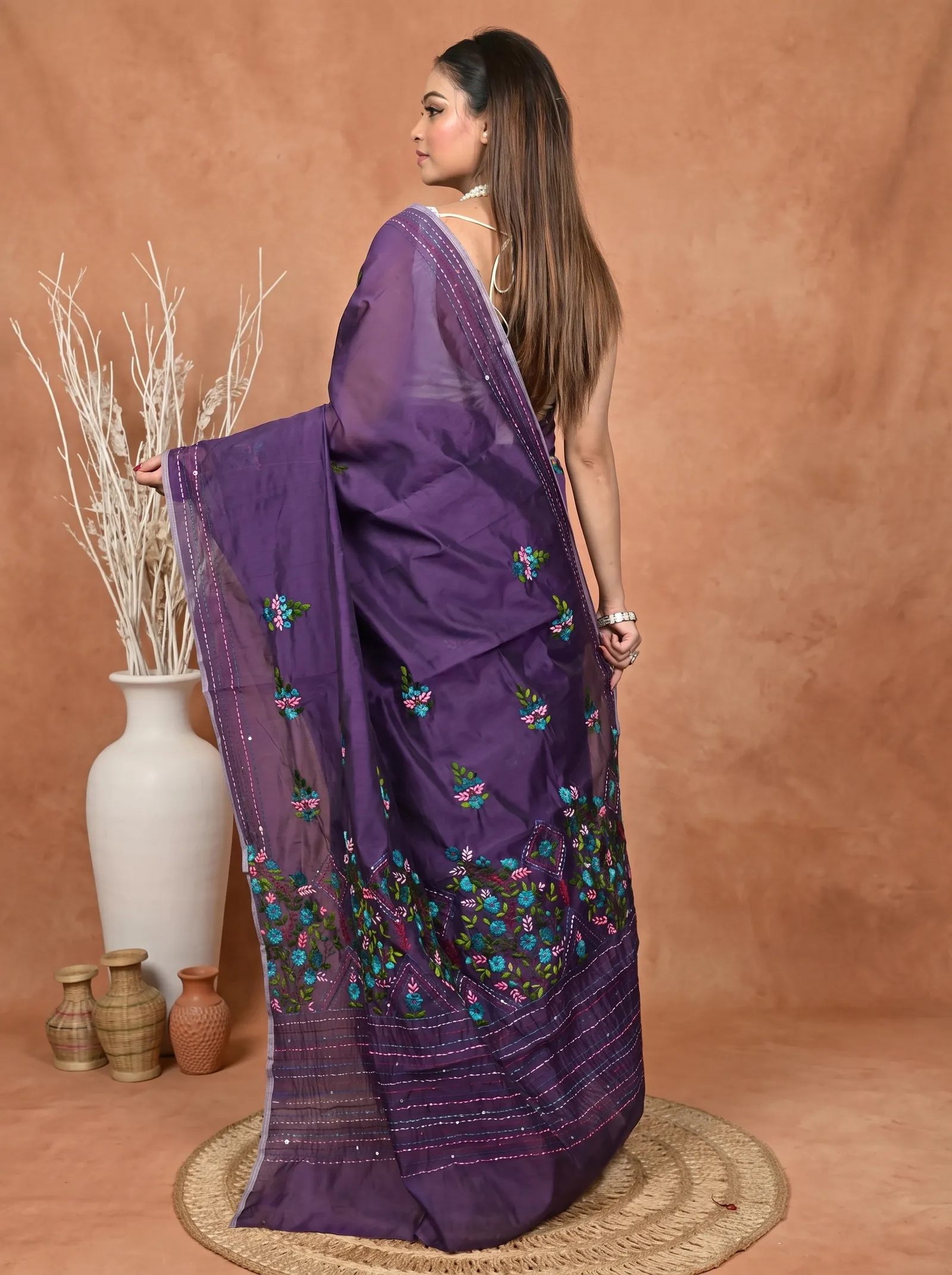 DipDiya Cotton Blend  Traditional Bengali Dark Violet Artisan Crafted Soubun Kathan Saree