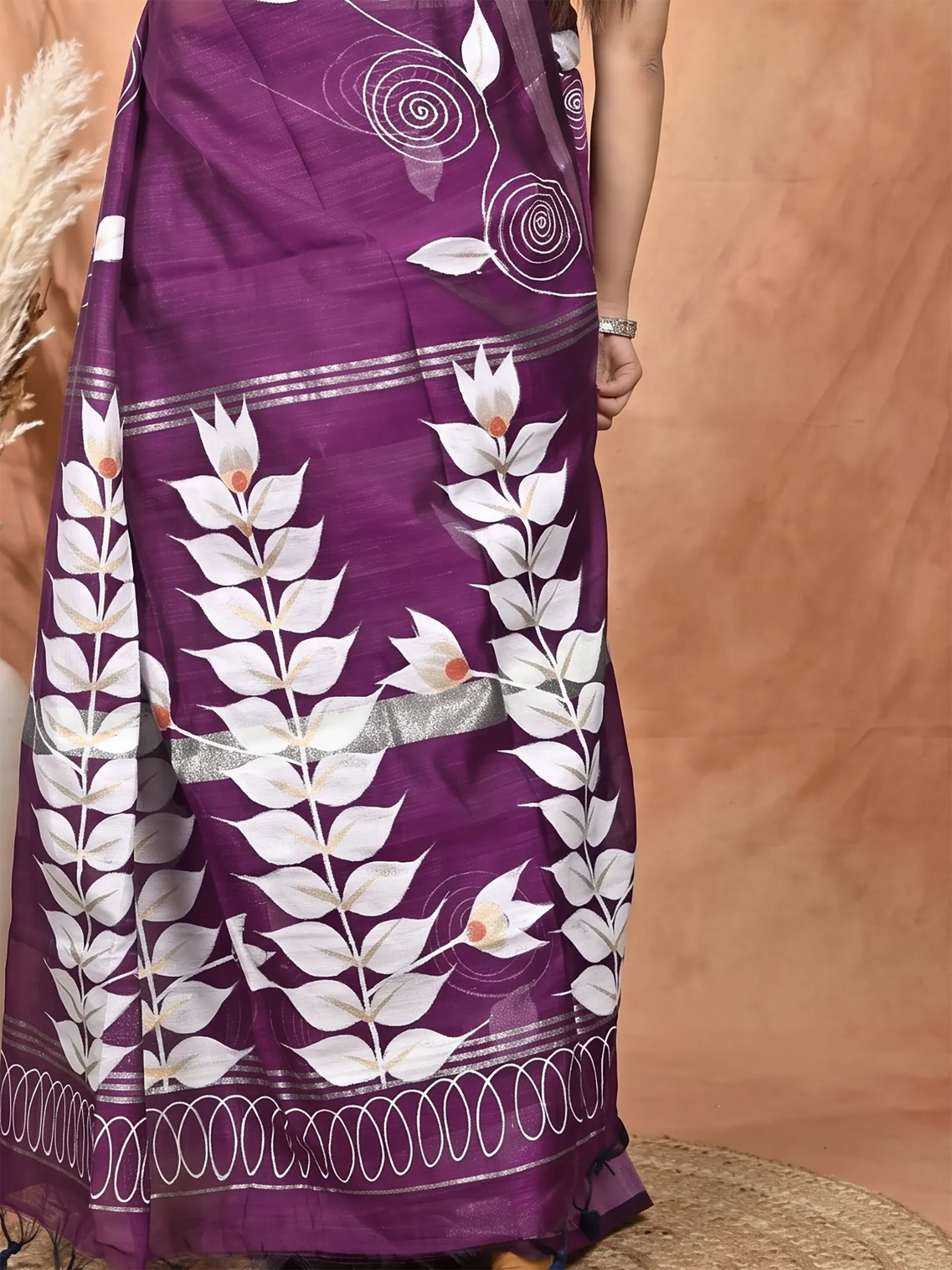 DipDiya Cotton Blend  Traditional Bengali Dark Violet Artisan Crafted Souvar Hand Painted Saree