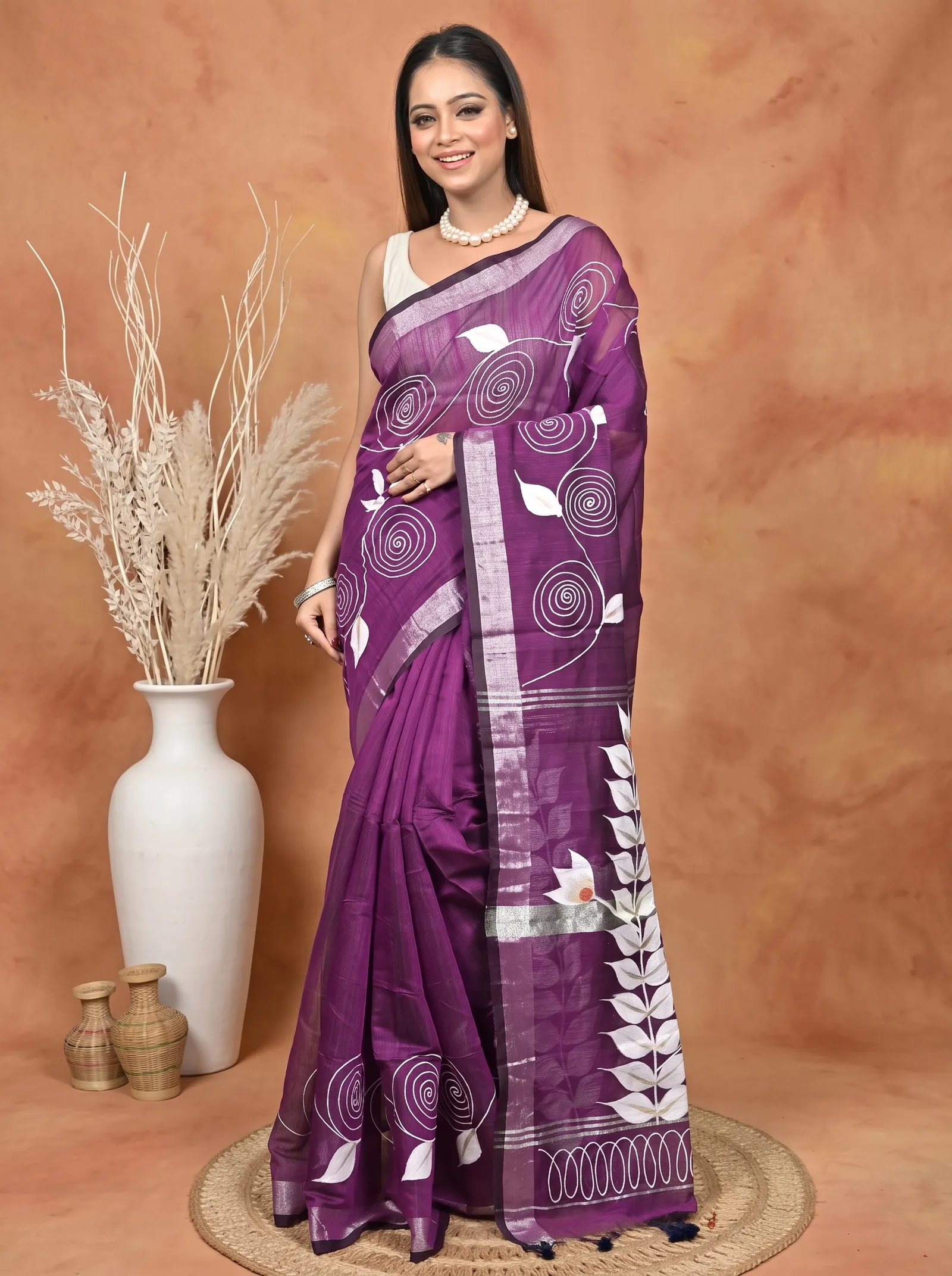 DipDiya Cotton Blend  Traditional Bengali Dark Violet Artisan Crafted Souvar Hand Painted Saree