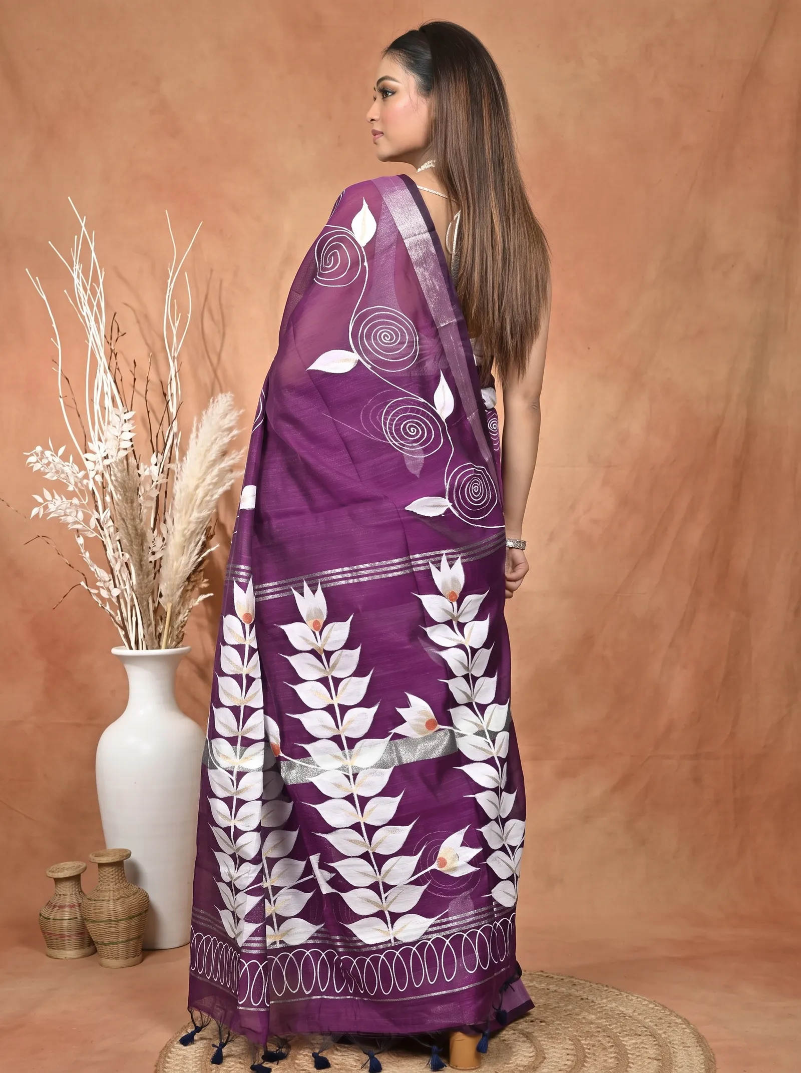 DipDiya Cotton Blend  Traditional Bengali Dark Violet Artisan Crafted Souvar Hand Painted Saree