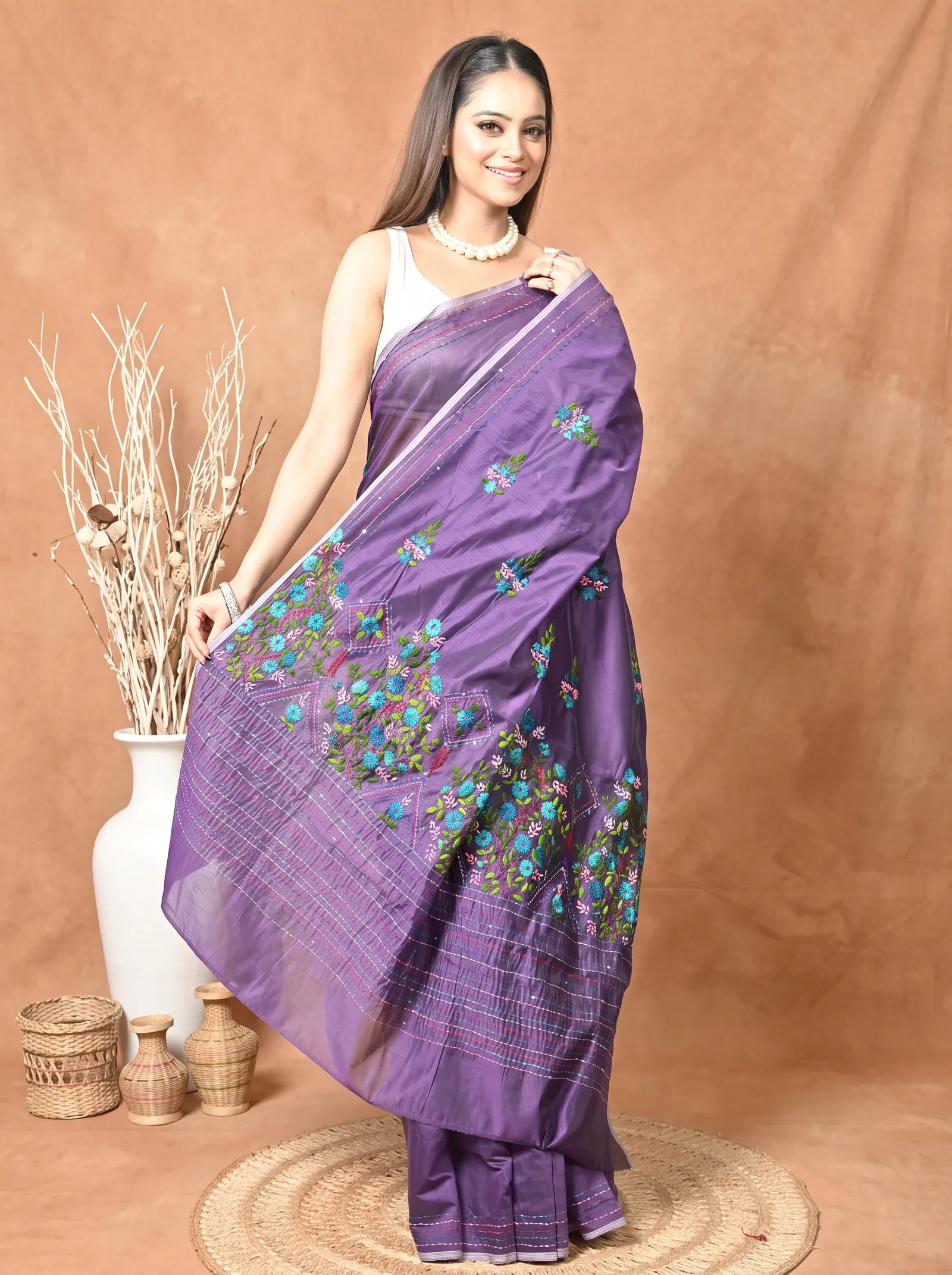 DipDiya Cotton Blend  Traditional Bengali Dark Violet Artisan Crafted Soubun Kathan Saree