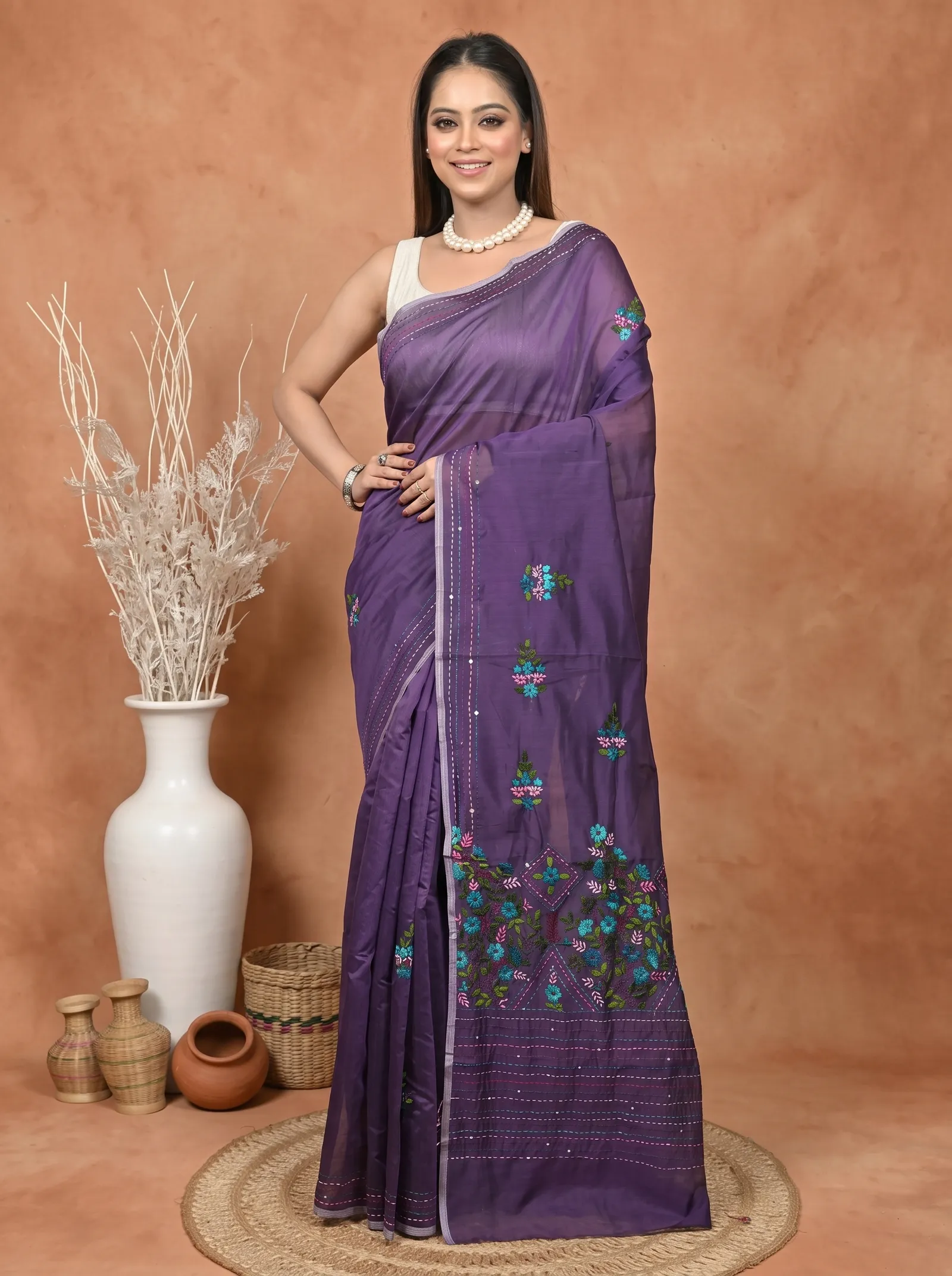 DipDiya Cotton Blend  Traditional Bengali Dark Violet Artisan Crafted Soubun Kathan Saree