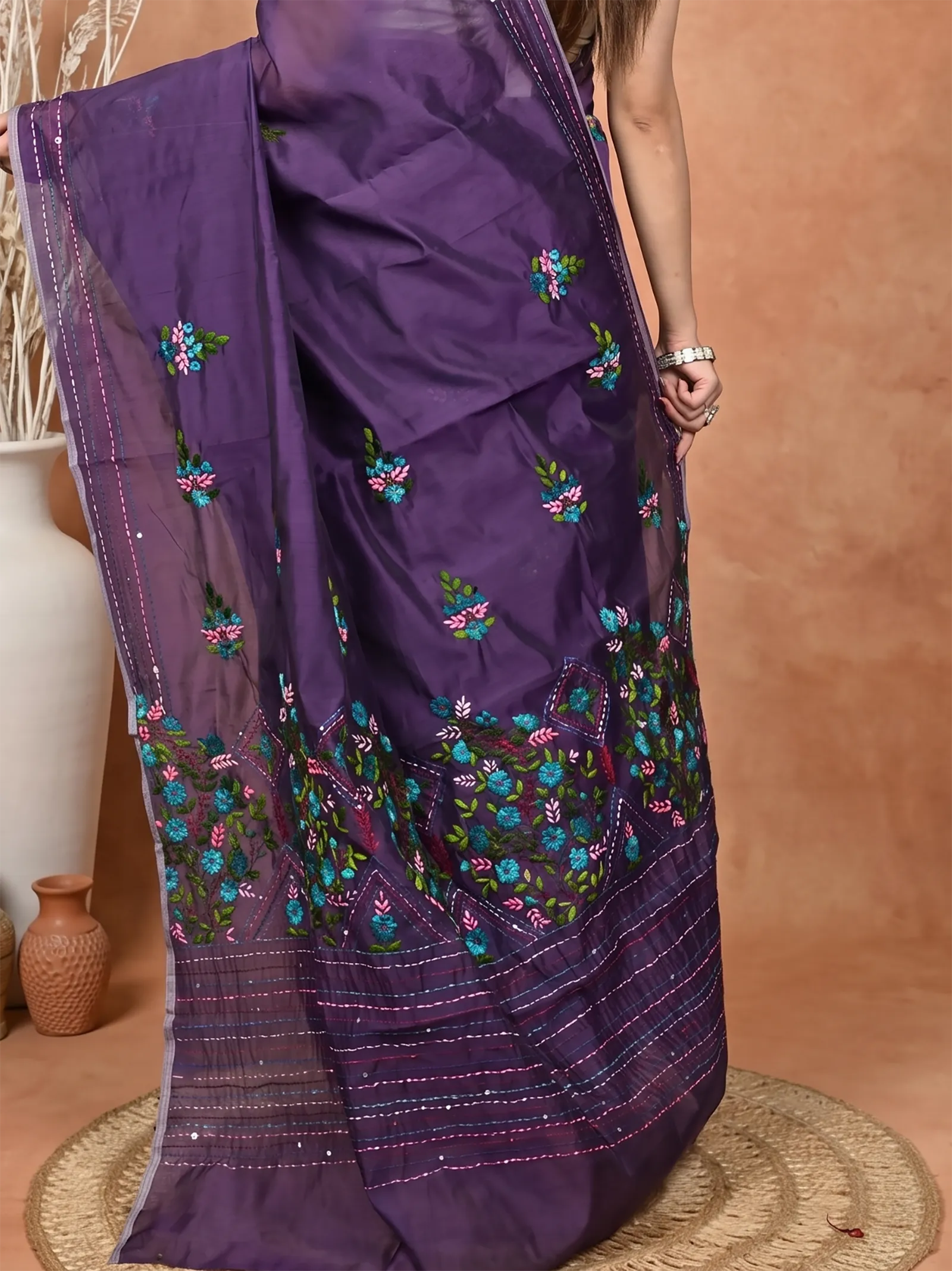 DipDiya Cotton Blend  Traditional Bengali Dark Violet Artisan Crafted Soubun Kathan Saree